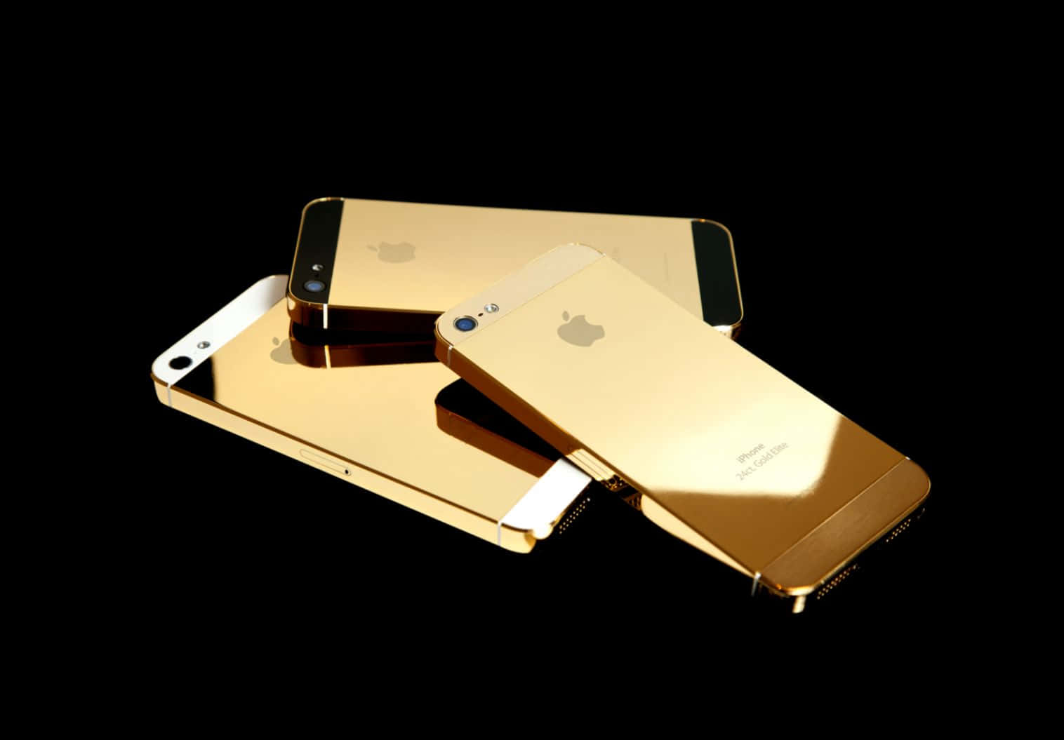 gold iPhone, black background, reflective surfaces, HD Desktop Wallpaper