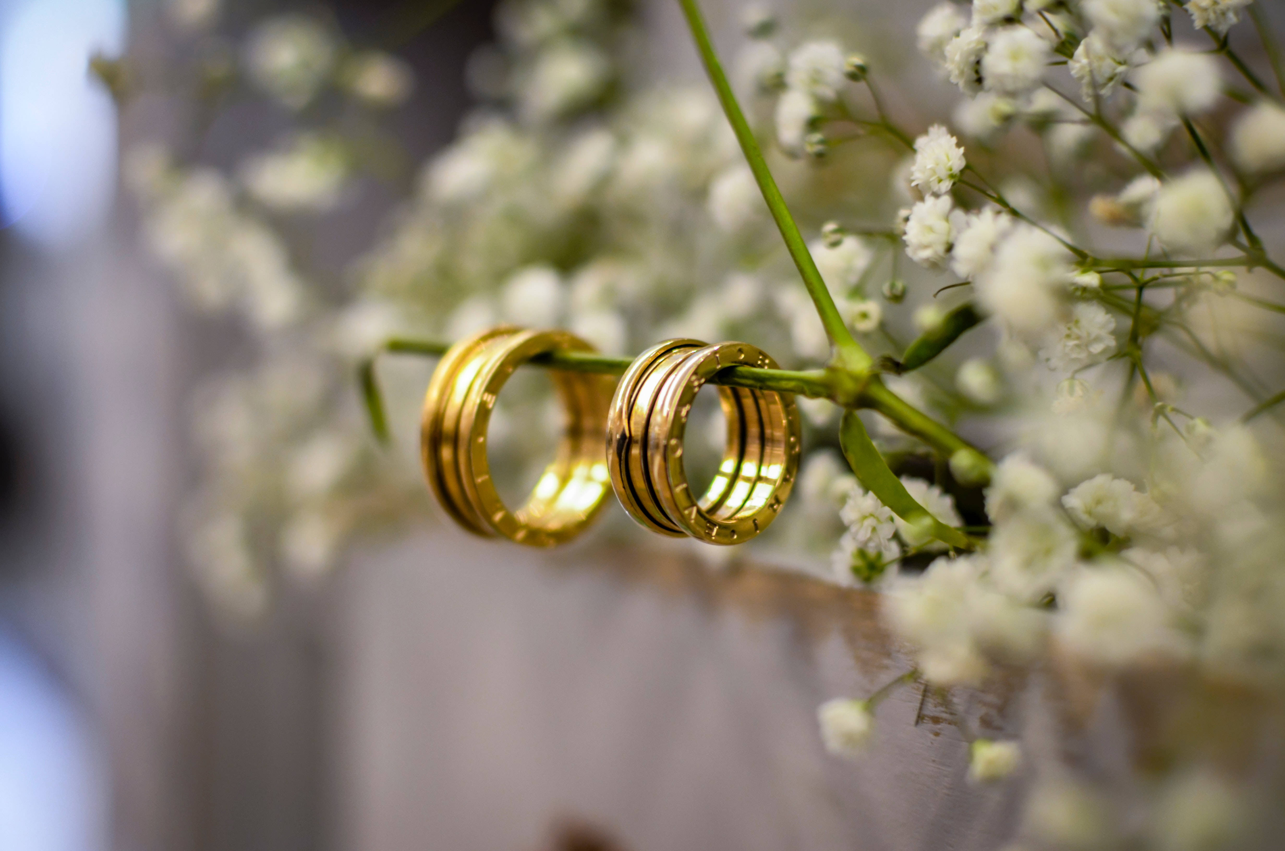 gold jewellery wedding rings, gold wedding bands, baby's breath, 4K Desktop Wallpaper