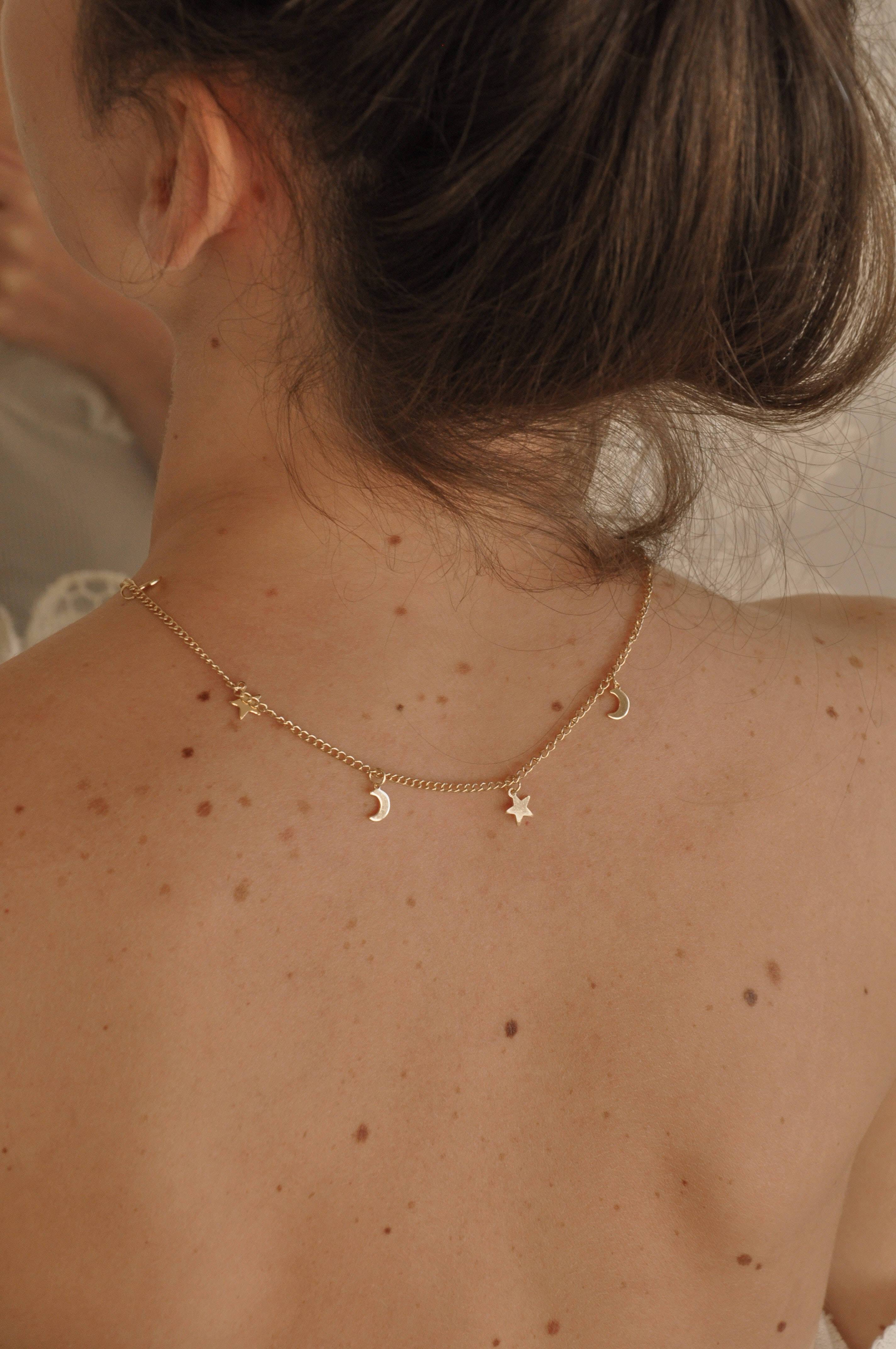 gold jewellery back necklace, delicate gold necklace, star charms, 4K Phone Wallpaper