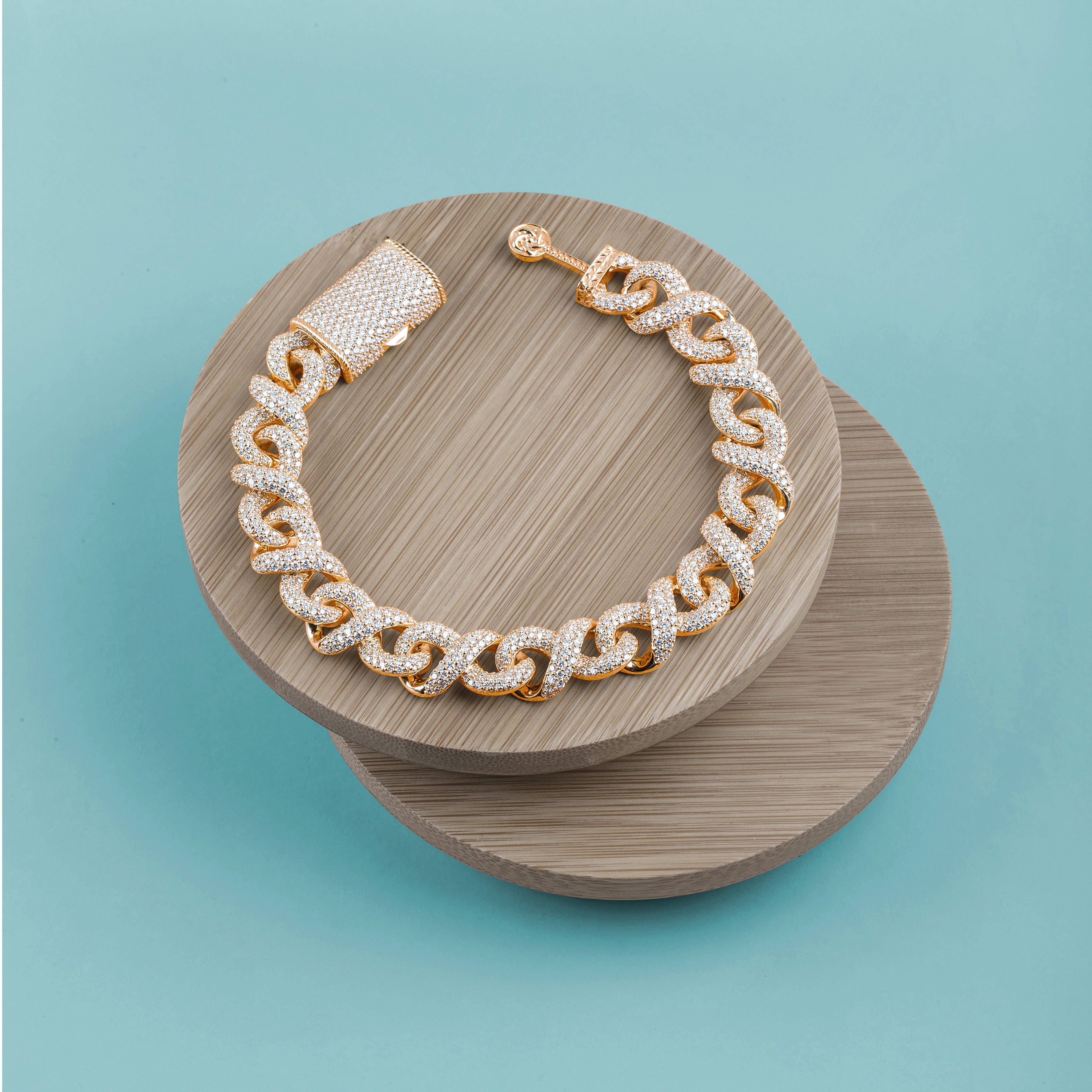 gold chain bracelet, sparkling diamonds, stacked wooden discs, 2K Desktop Wallpaper