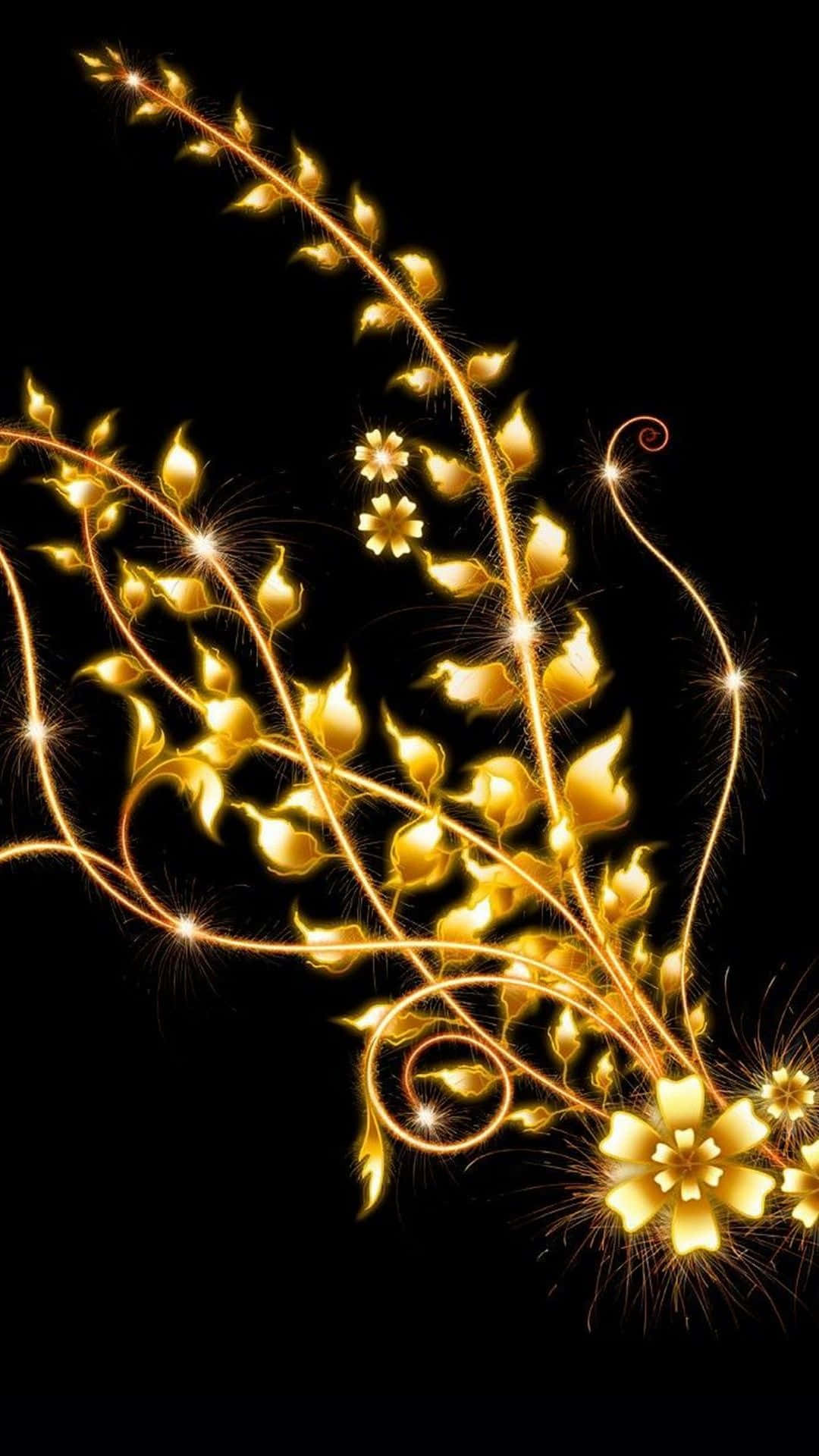 Black And Gold Aesthetic Brooch, golden glowing floral vines, sparkling stars, Full HD Phone Wallpaper