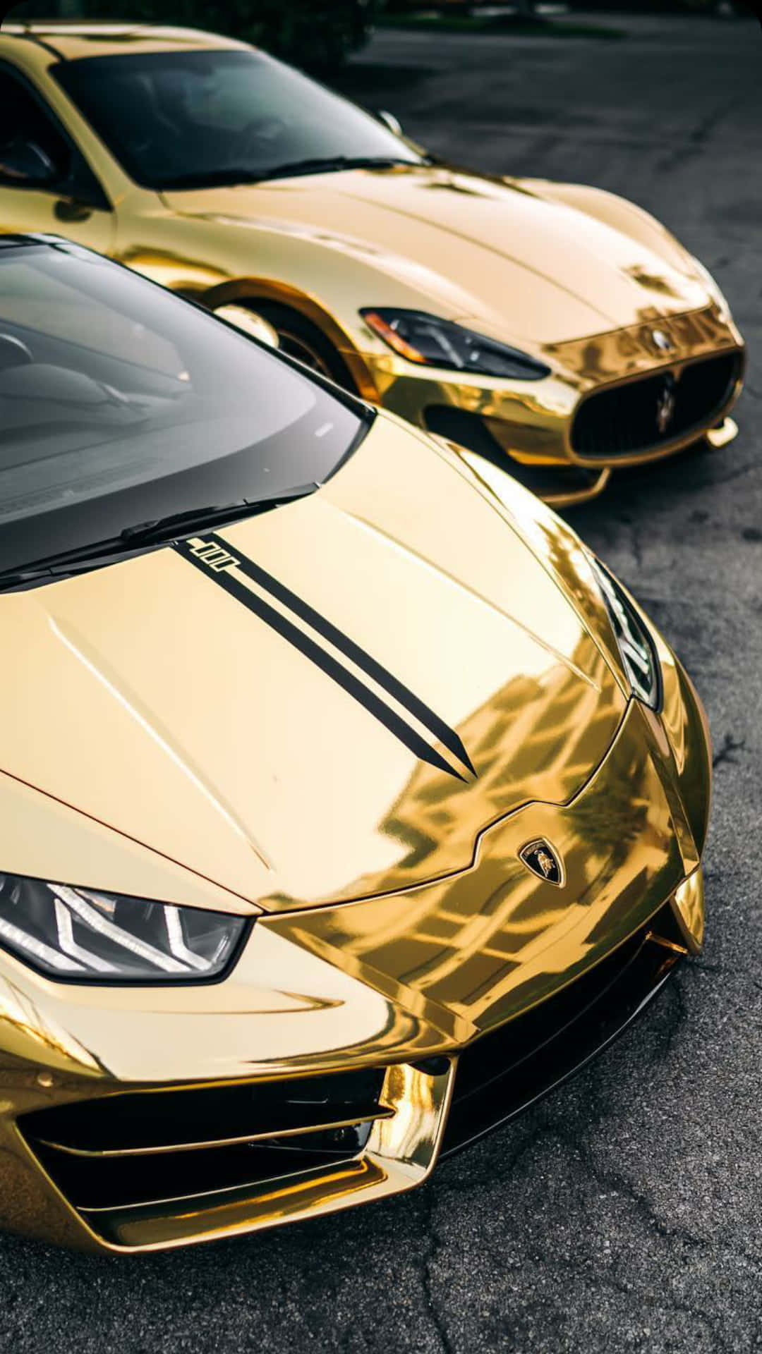 gold lamborghini, gleaming gold sports cars, asphalt, Full HD Phone Wallpaper