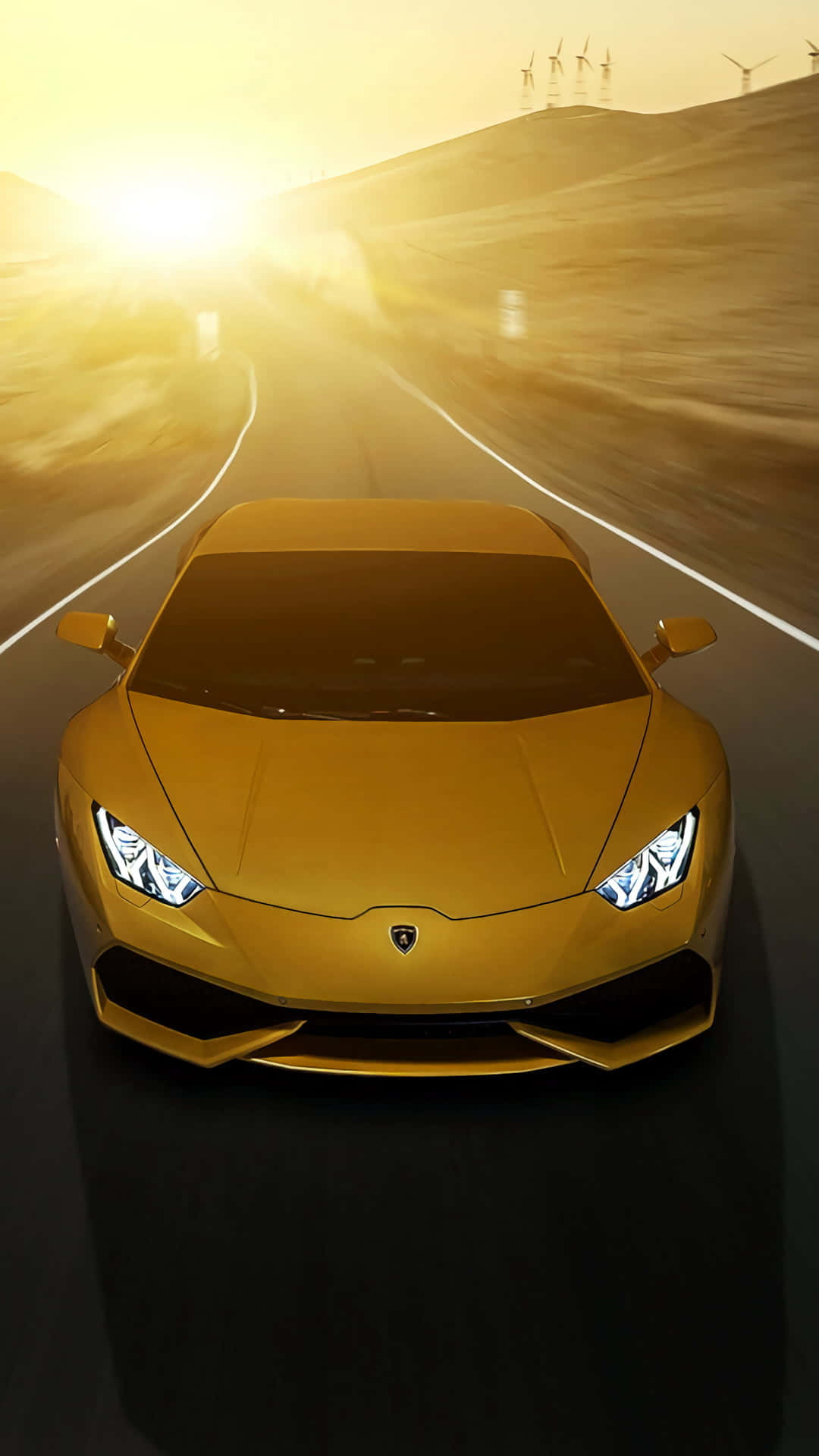 golden Lamborghini, winding road, sunrise, Full HD Phone Wallpaper