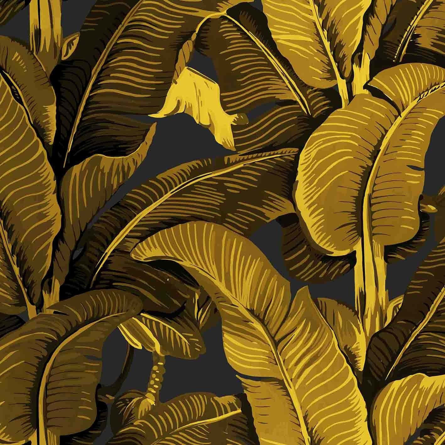 Gold Leaf Banana Tree Pattern, golden banana leaves, dark outlines, HD Desktop Wallpaper