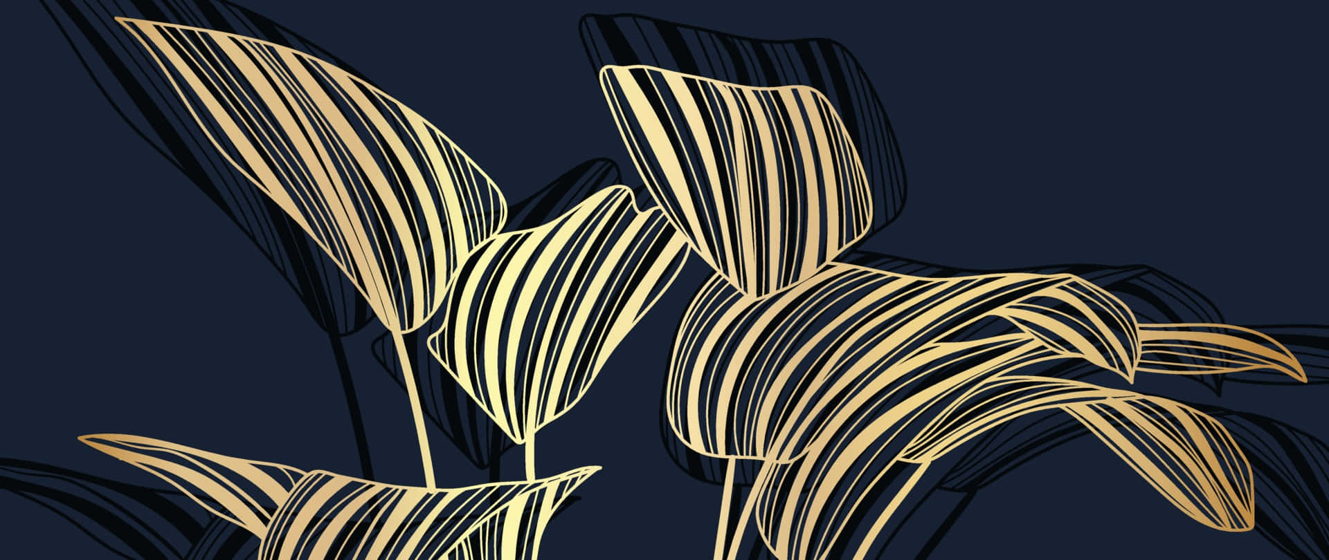 gold striped leaves, tropical leaves, deep navy background, Full HD Desktop Wallpaper