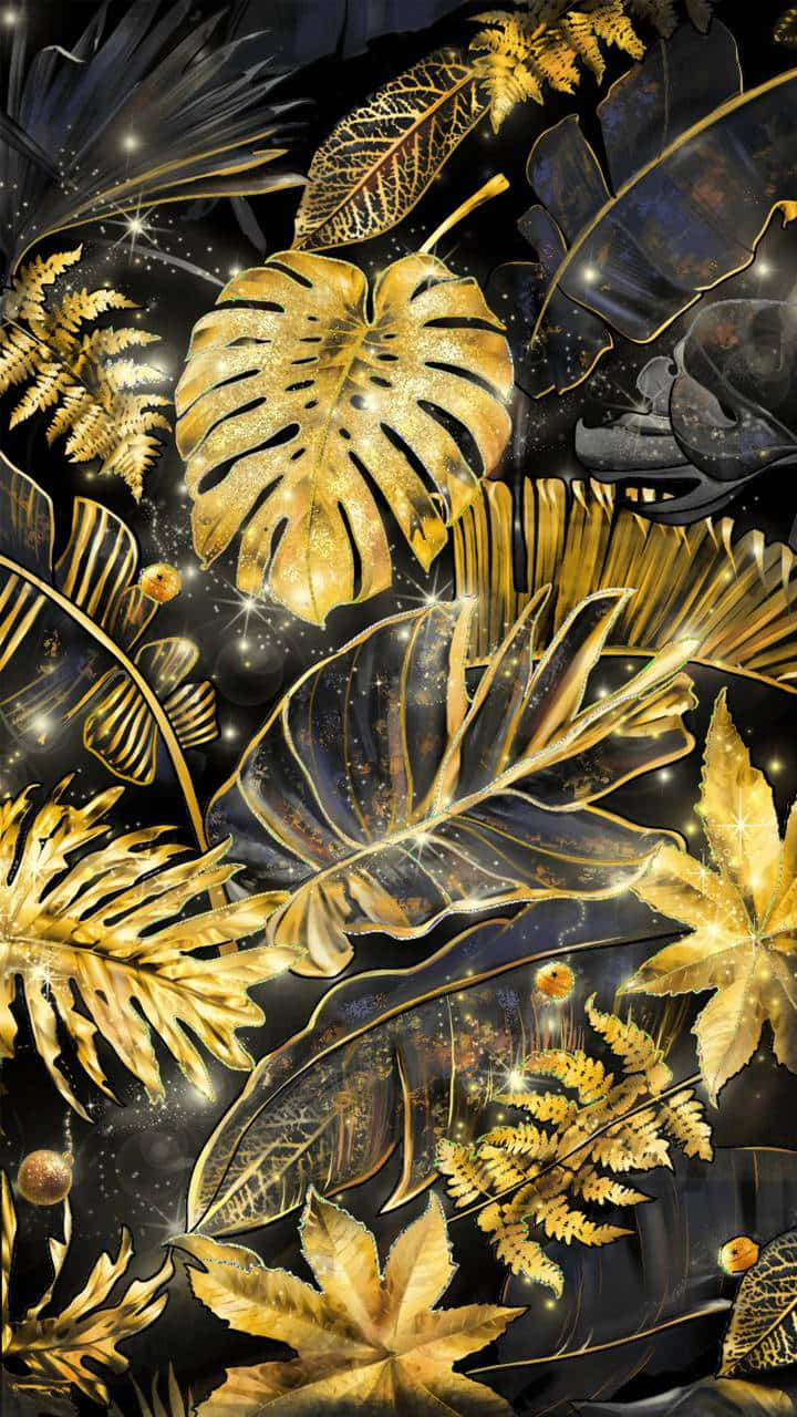 Golden Tropical Leaves Pattern, tropical leaves, ferns, HD Phone Wallpaper