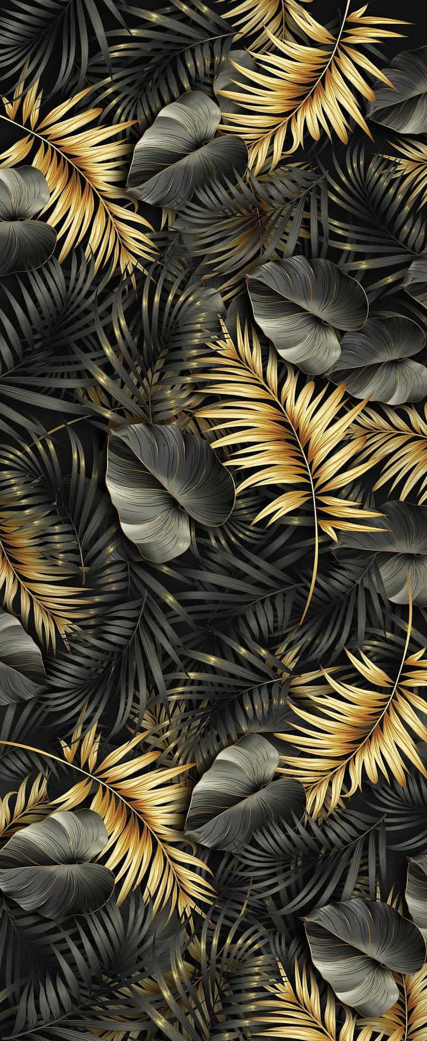 Gold Leaf Tropical Pattern, metallic gold, matte charcoal, Full HD Phone Wallpaper