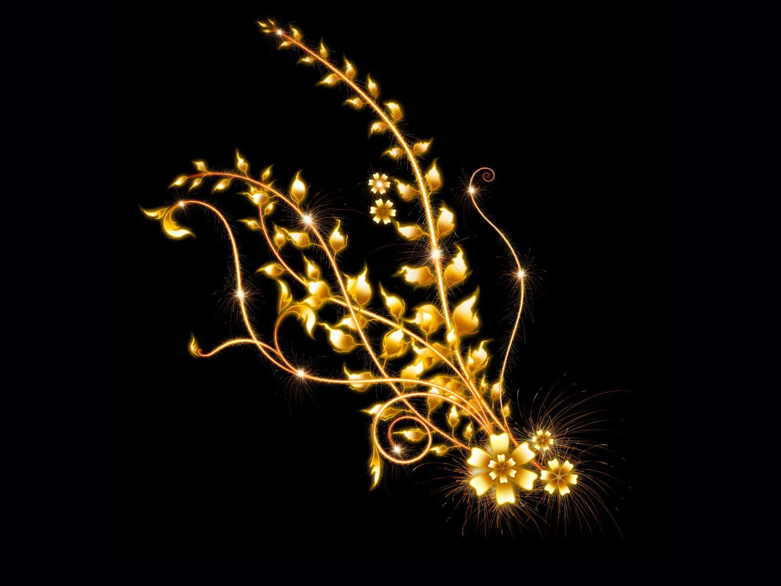 golden glowing floral vines, sparkling stars, pure black background, HD Desktop Wallpaper