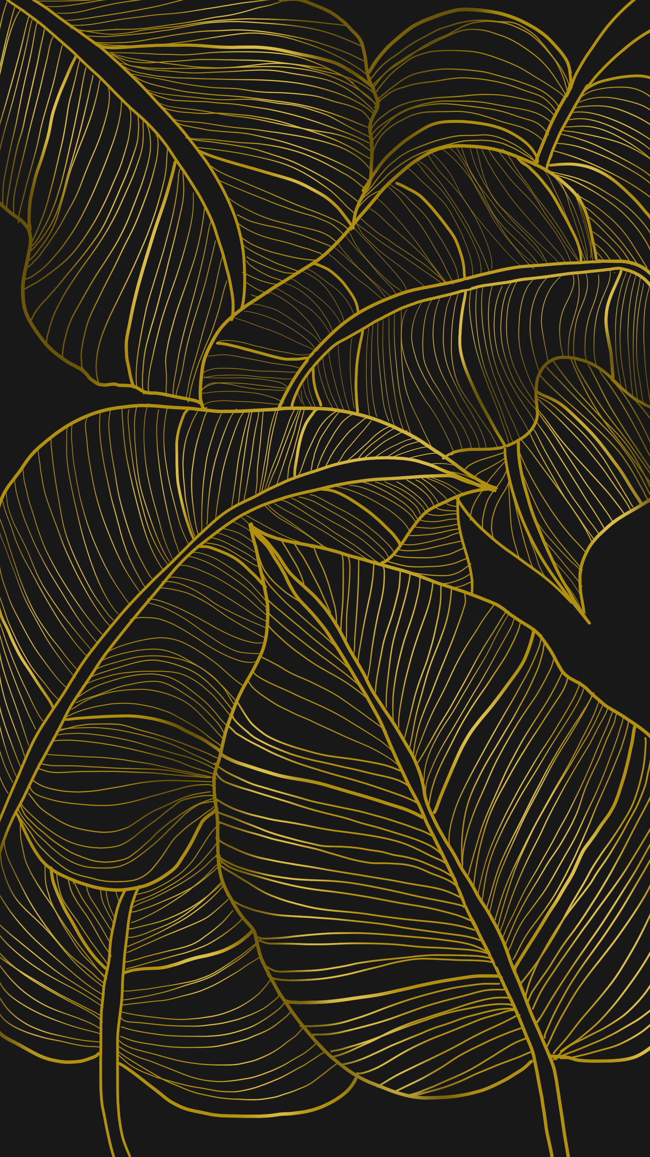 gold leaf, black background, abstract botanical pattern, 4K Phone Wallpaper