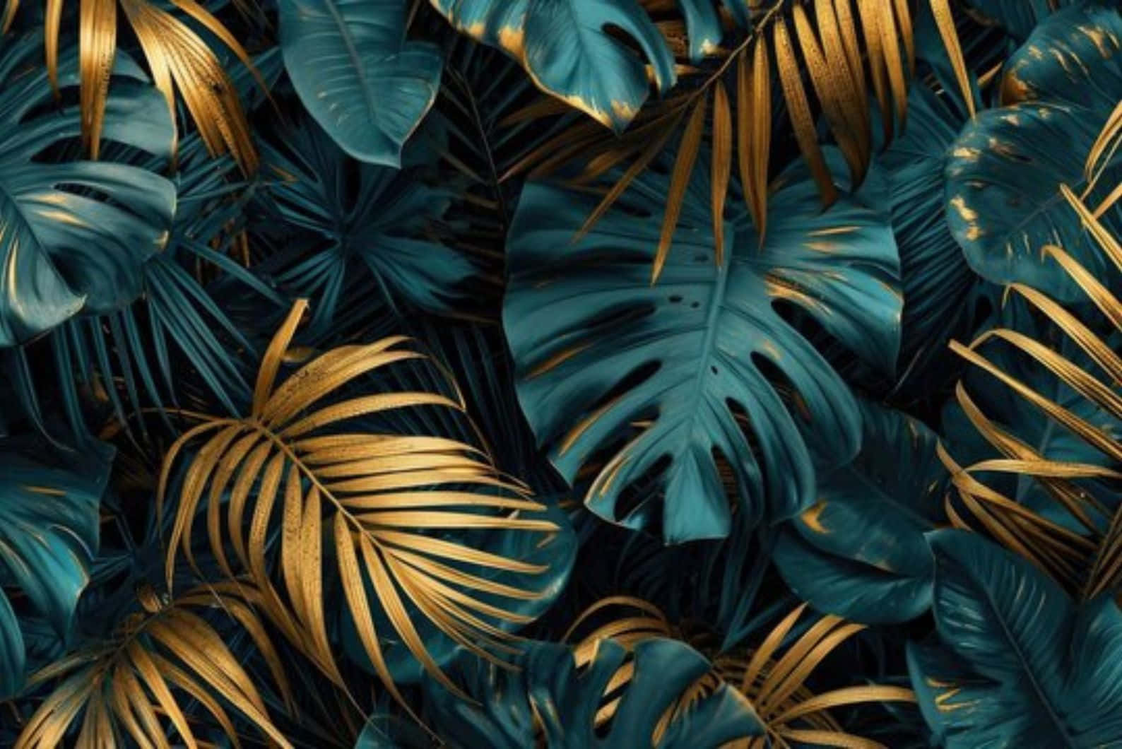 teal, gold, tropical leaves, HD Desktop Wallpaper
