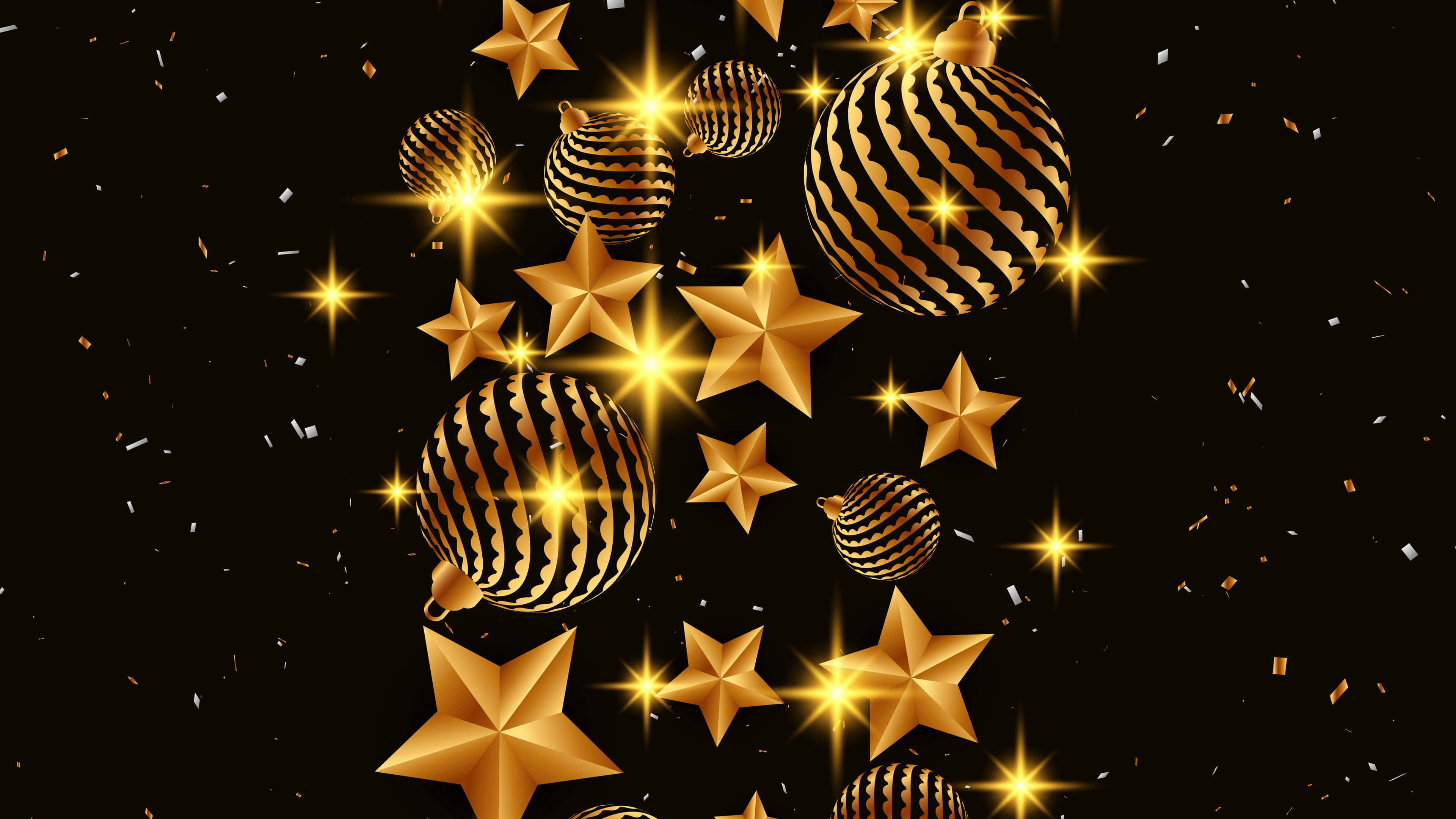Gold Stars, golden striped ornaments, black background, 4K Desktop Wallpaper