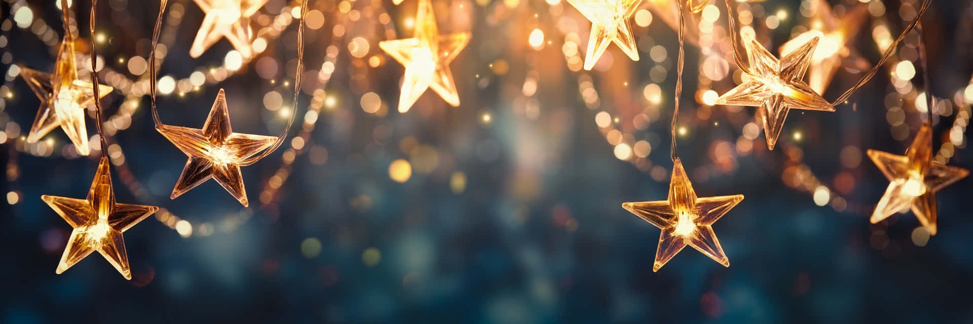 Gold Stars, golden star-shaped fairy lights, soft blue bokeh background, Full HD Desktop Wallpaper
