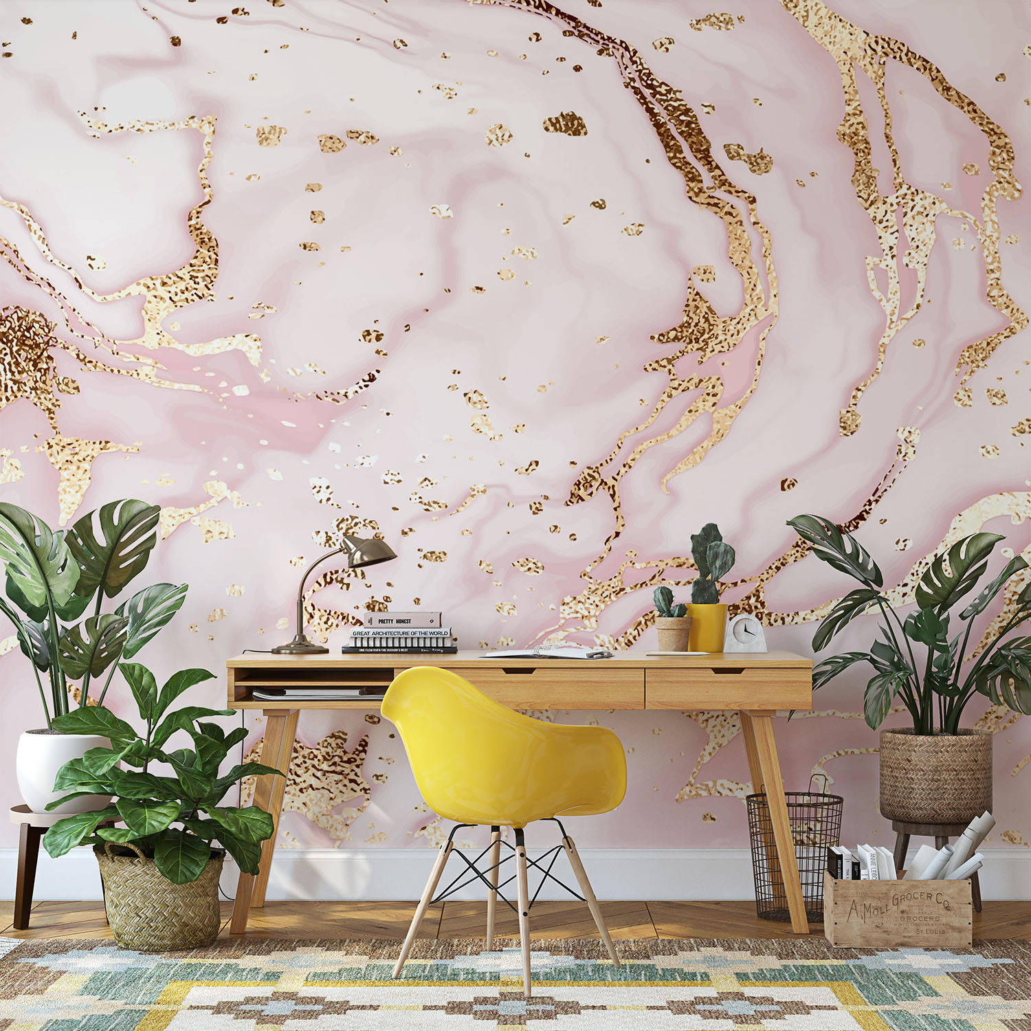 pink gold marbled, wooden desk, yellow chair, HD Desktop Wallpaper