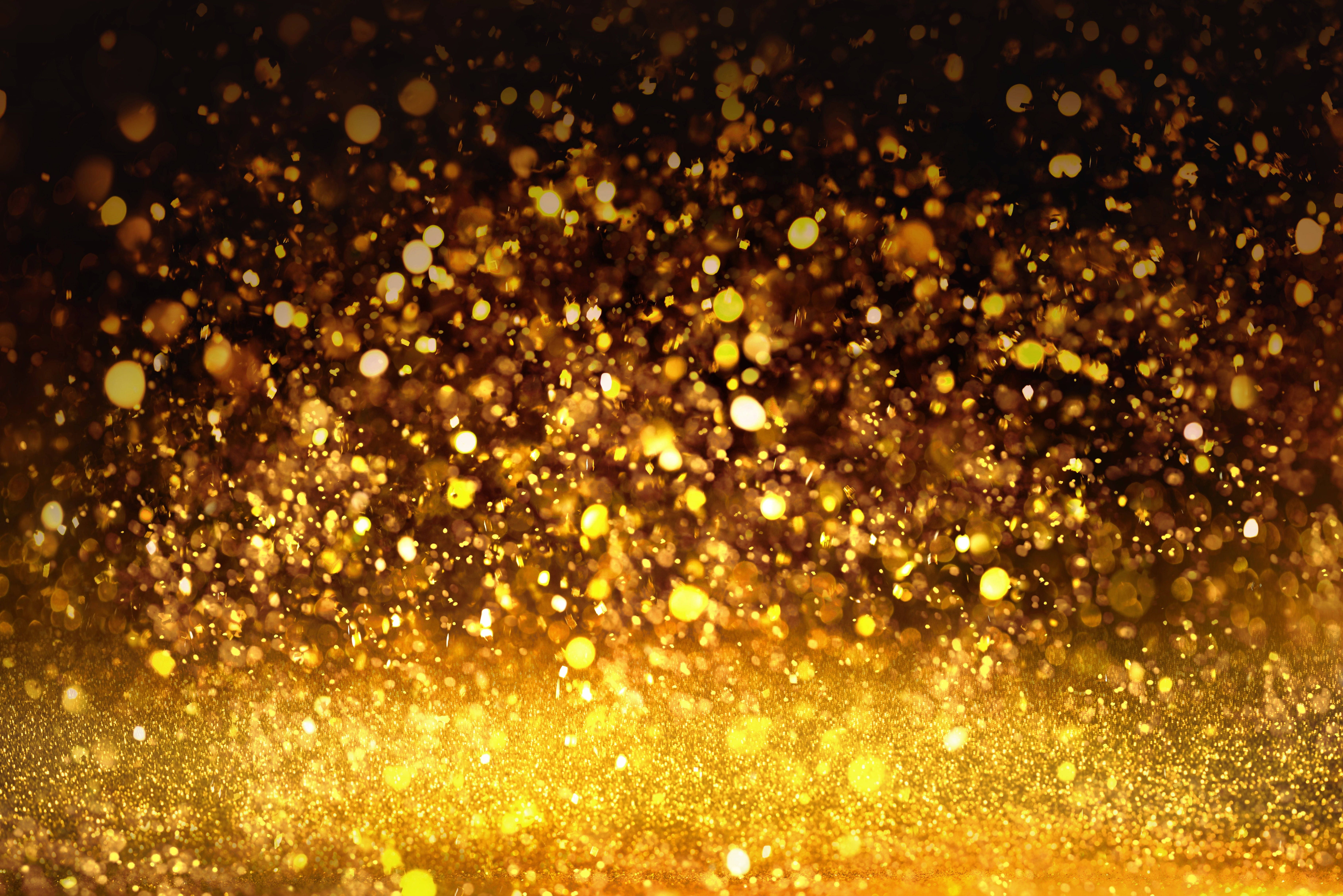 golden glitter, deep black background, radiant cascade, 5K Desktop Wallpaper