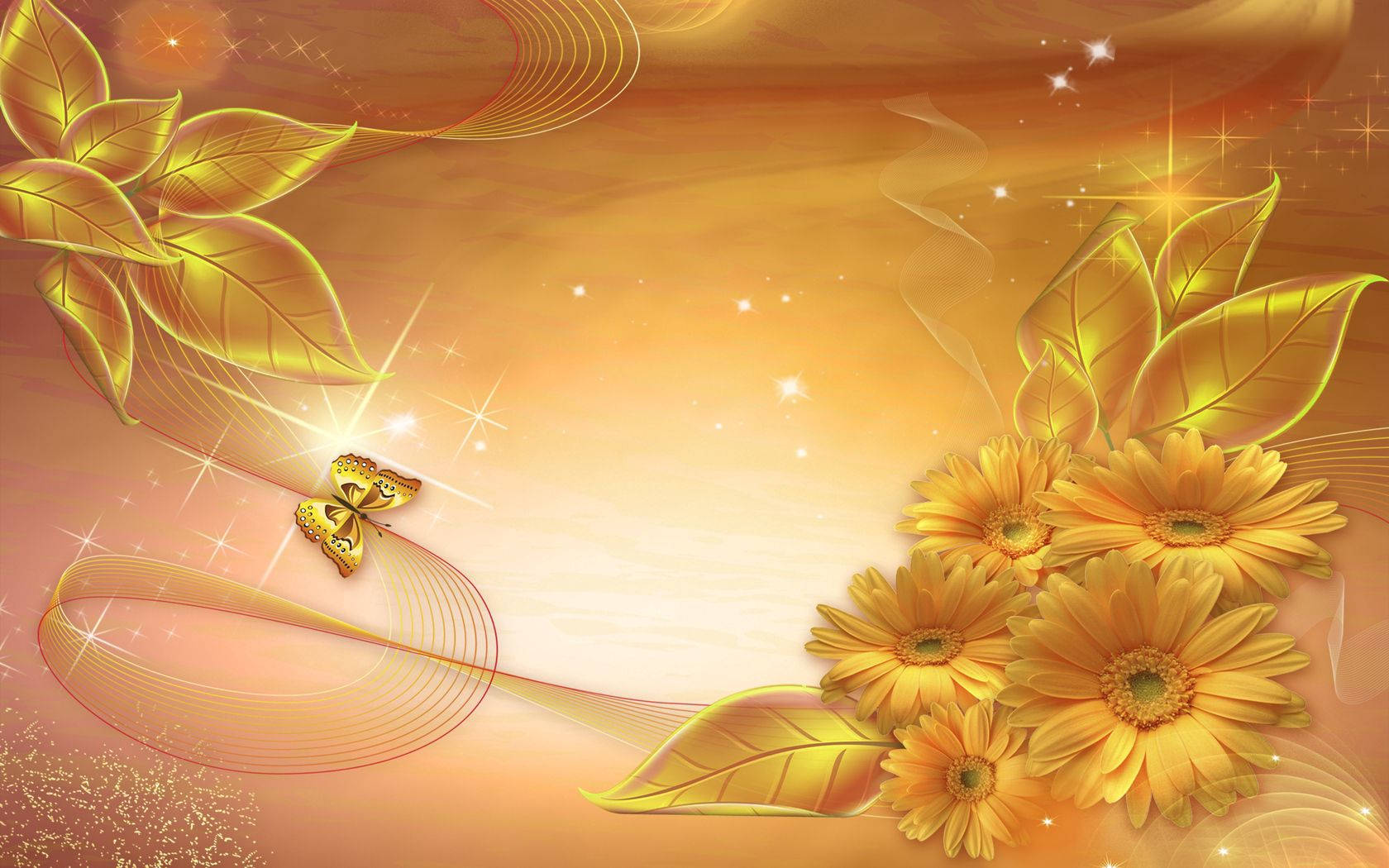 gold flowers, golden sunflowers, sparkling light, HD Desktop Wallpaper