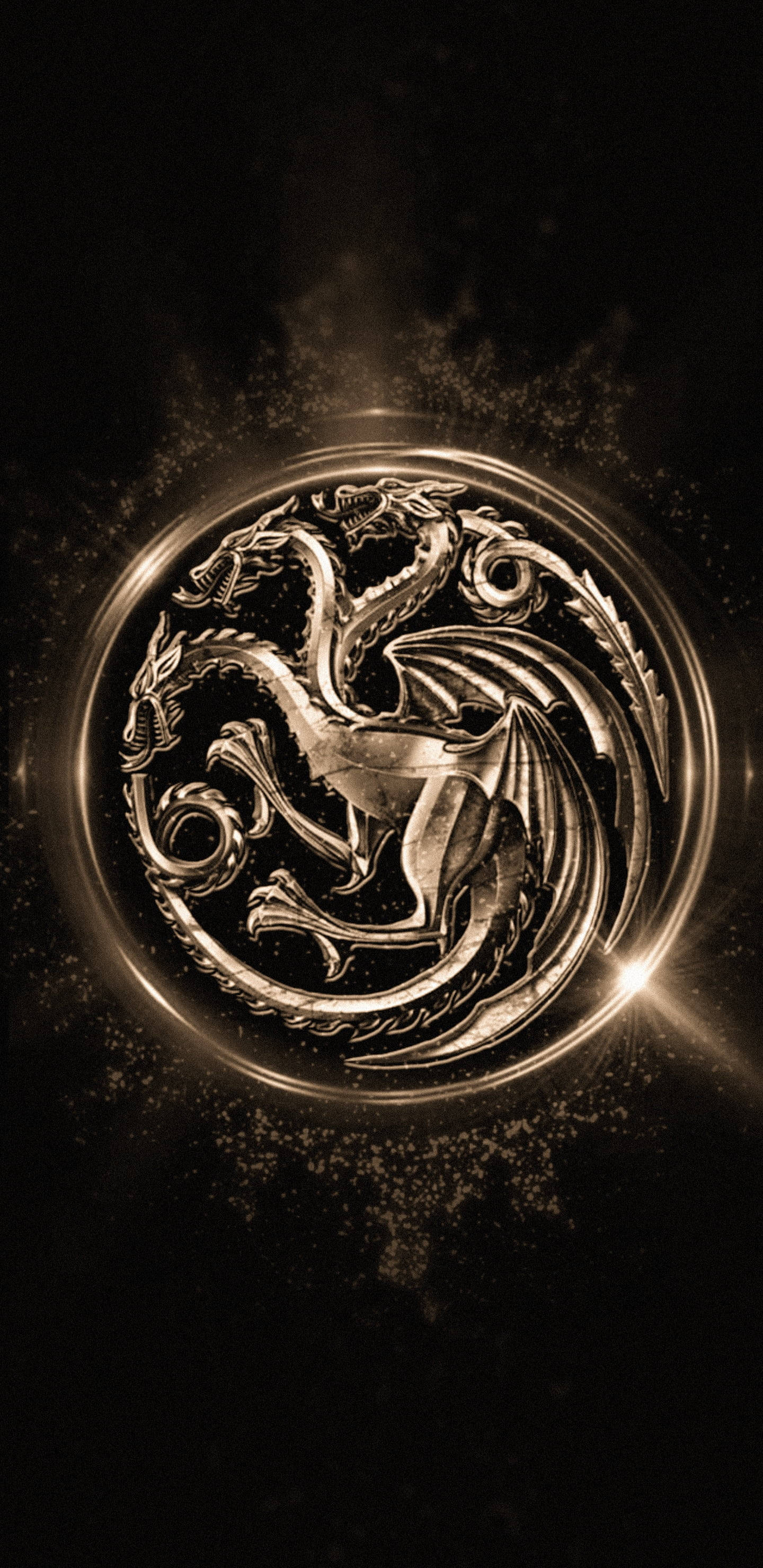3D Metal House of Dragon Insignia, metallic three-headed dragon emblem, golden light, 2K Phone Wallpaper