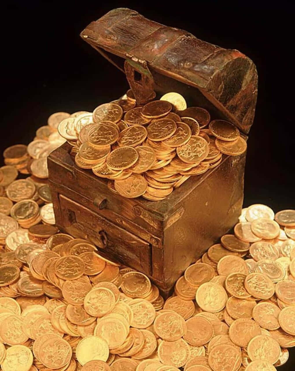 golden coins, vintage trunk, wooden treasure chest, HD Phone Wallpaper