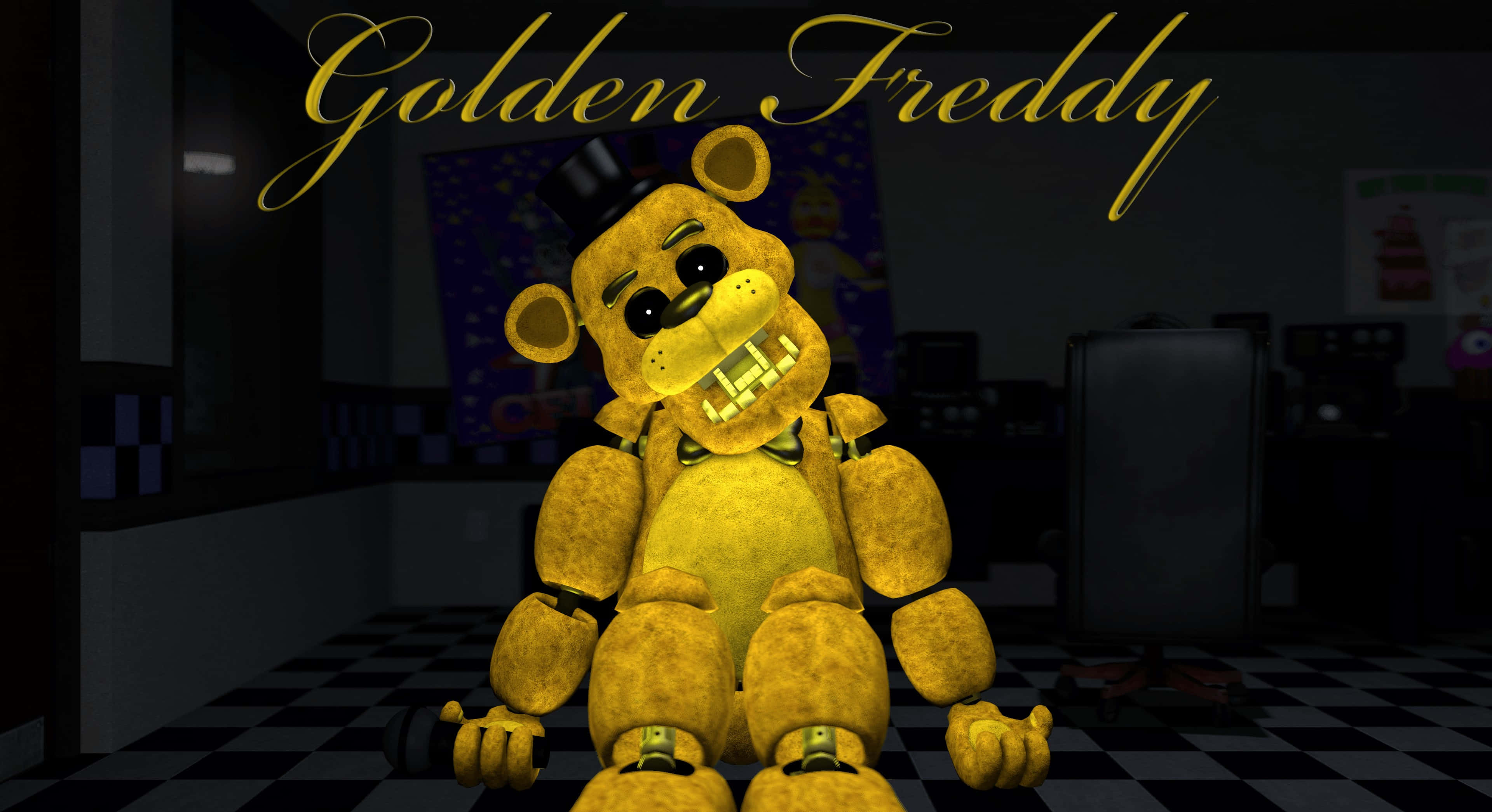 Golden Freddy, pizzeria, checkered floor, 4K Desktop Wallpaper