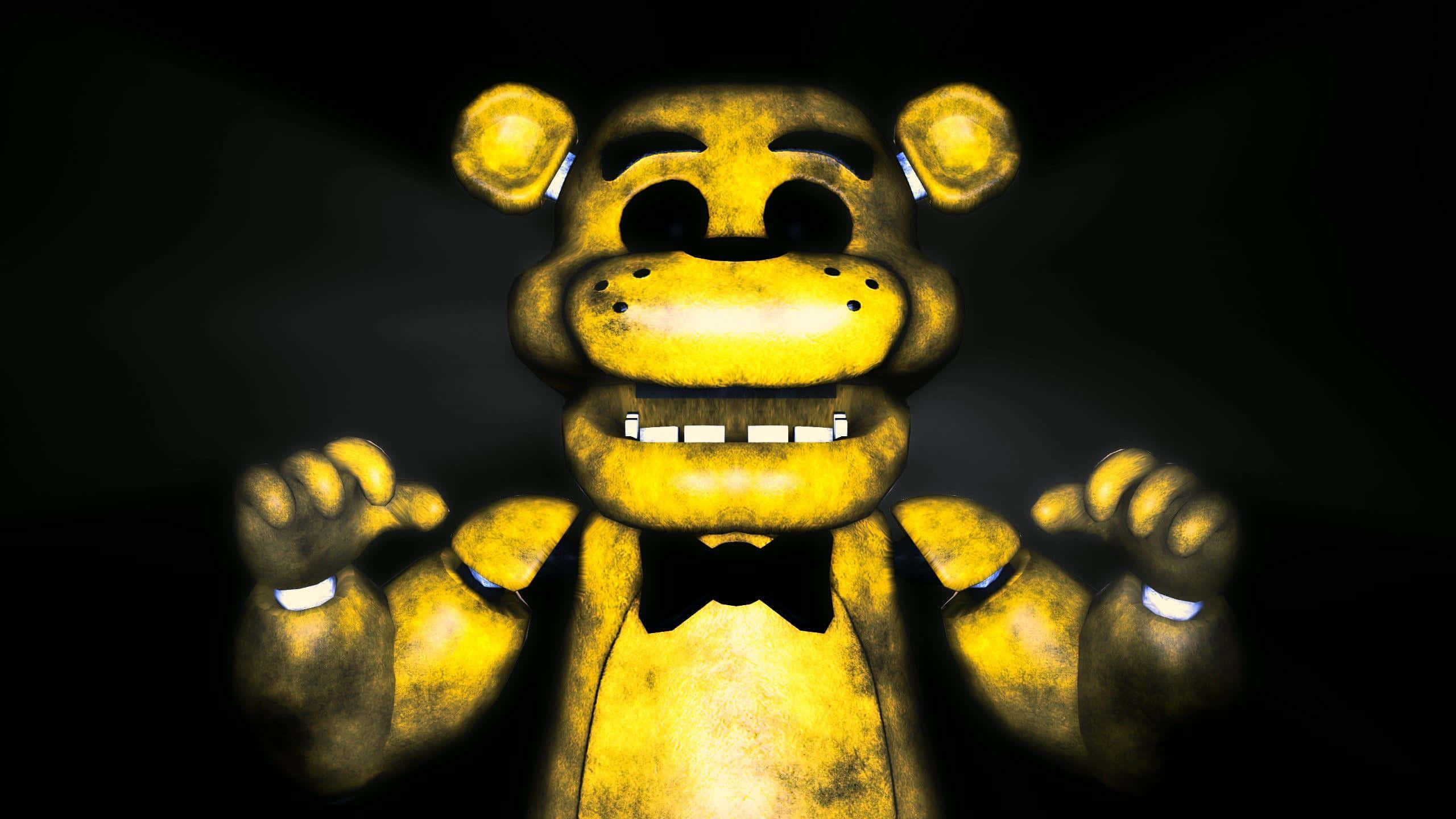 Golden Freddy, yellow animatronic bear, glowing eyes, 2K Desktop Wallpaper
