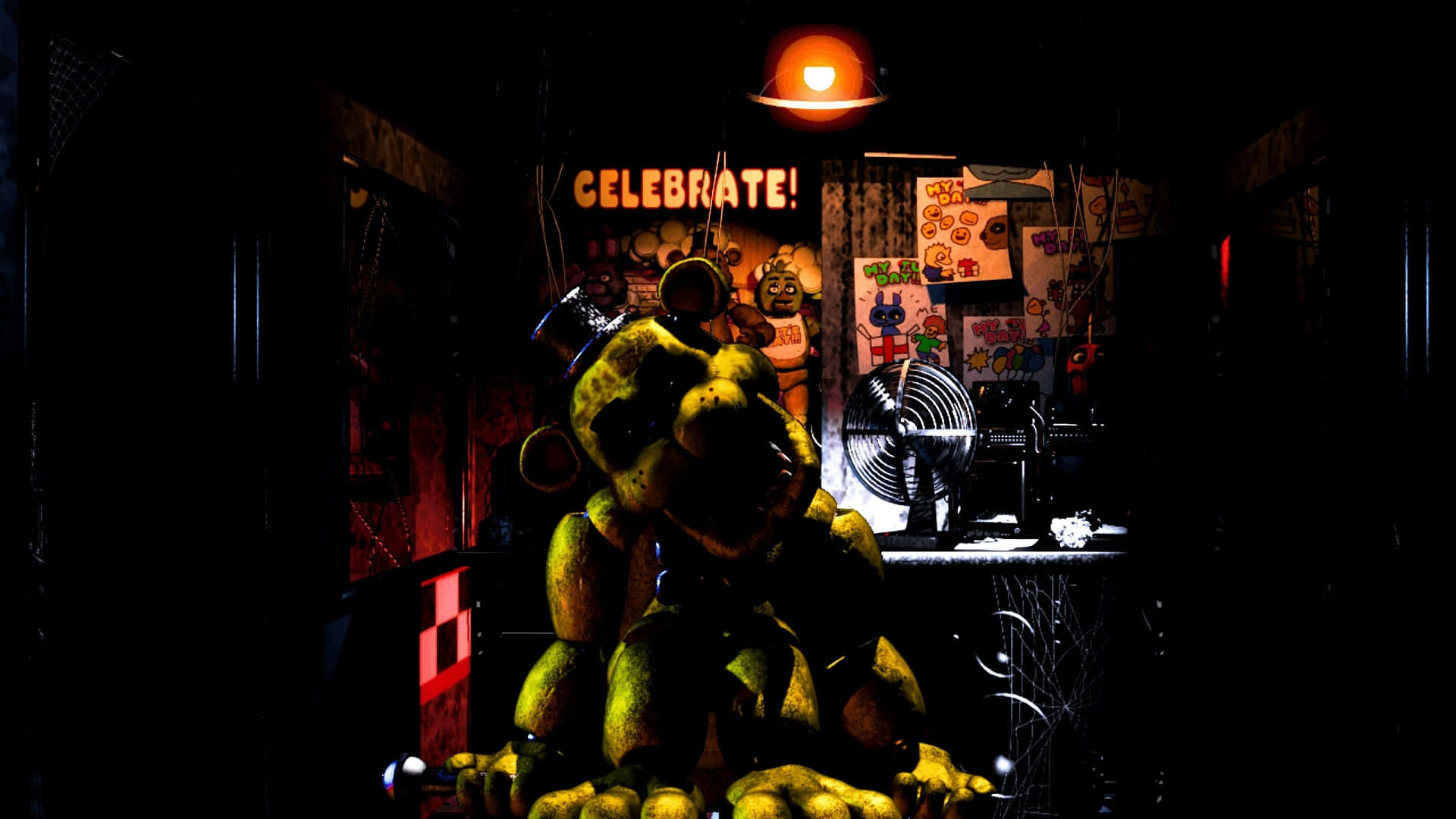 Golden Freddy, yellow animatronic bear, dimly lit, Full HD Desktop Wallpaper