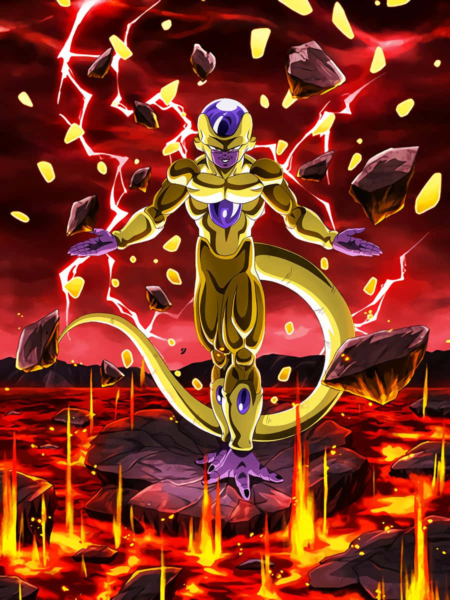 Golden Frieza, fiery volcanic landscape, lightning, SD Phone Wallpaper