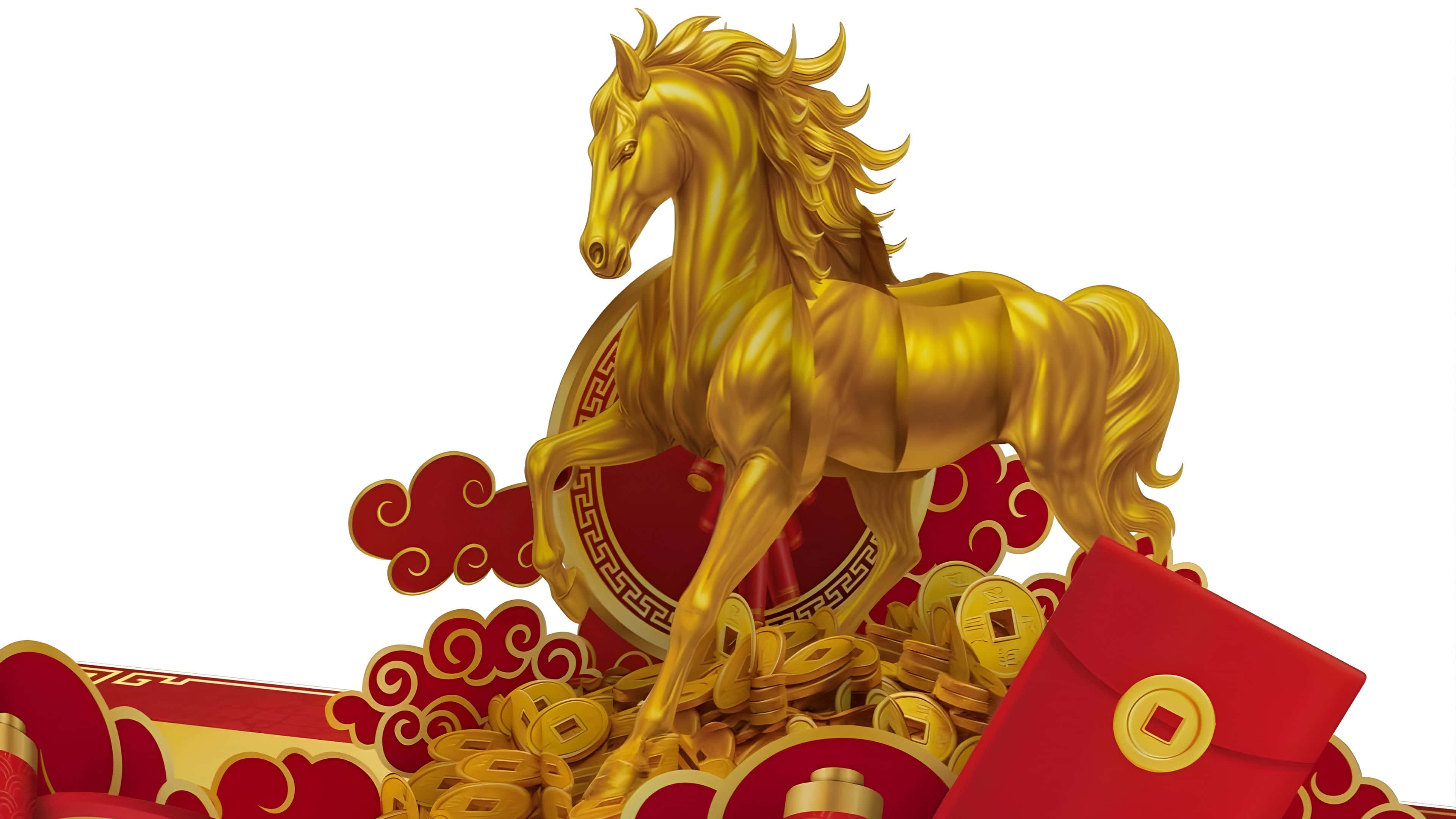 Golden Horse, gold coins, red envelopes, 4K Desktop Wallpaper