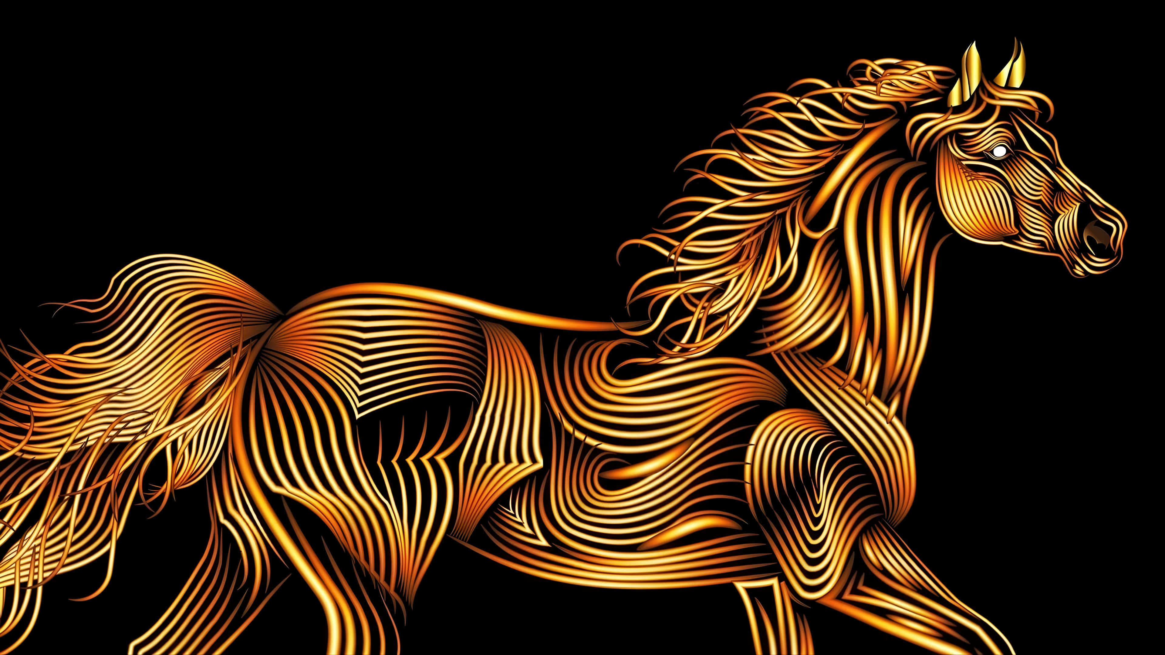 Golden Horse, glowing stripes, stark black background, 4K Desktop Wallpaper