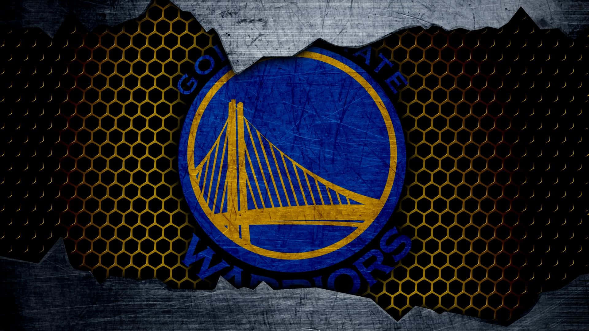 Golden State Warriors logo, hexagonal metal texture, gritty blue, Full HD Desktop Wallpaper