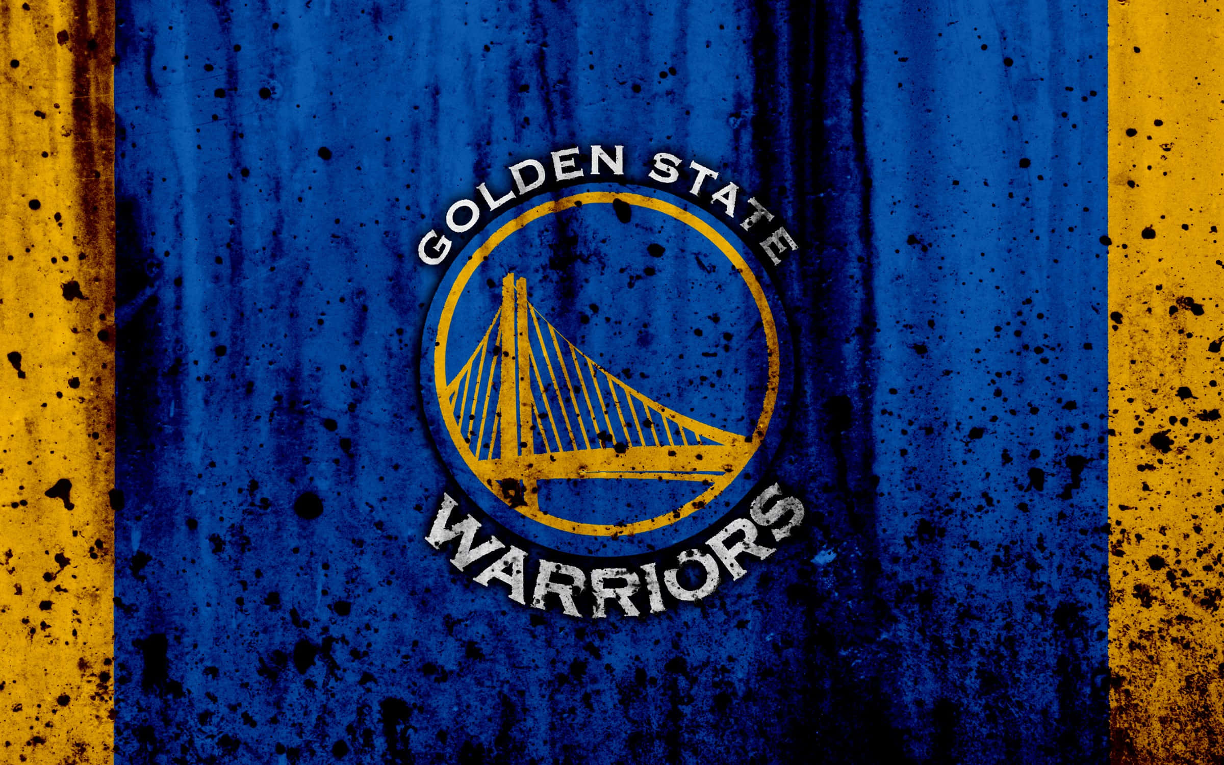 Golden State Warriors Logo, black paint splatters, weathered blue and yellow textured background, Full HD Desktop Wallpaper