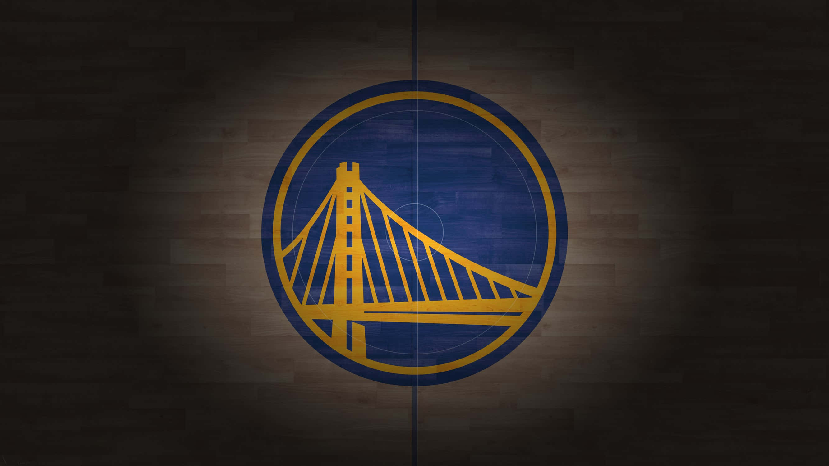 Golden State Warriors Logo, dark wooden court, dramatic spotlight effect, 2K Desktop Wallpaper