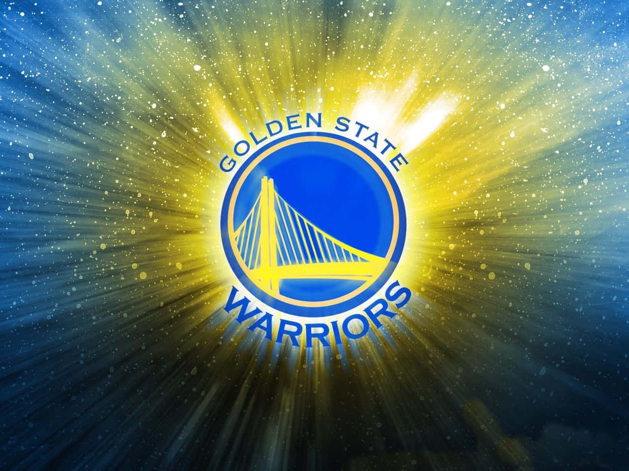 Golden State Warriors logo, bright yellow light, cosmic blue background, HD Desktop Wallpaper