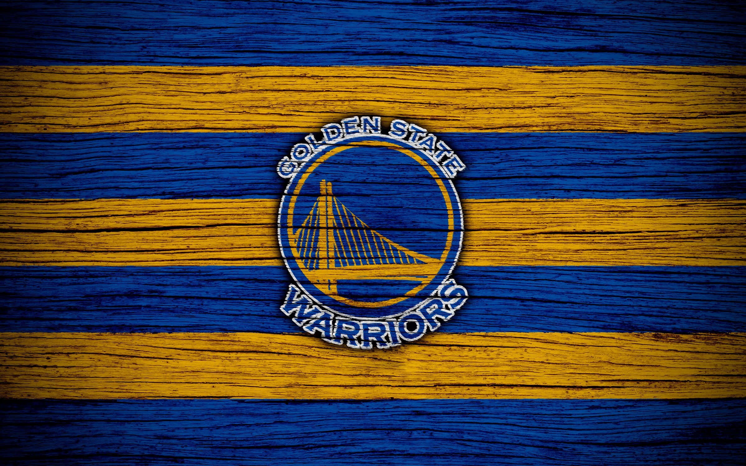 Golden State Warriors Logo, striped wood surface, weathered blue and yellow wooden planks, Full HD Desktop Wallpaper