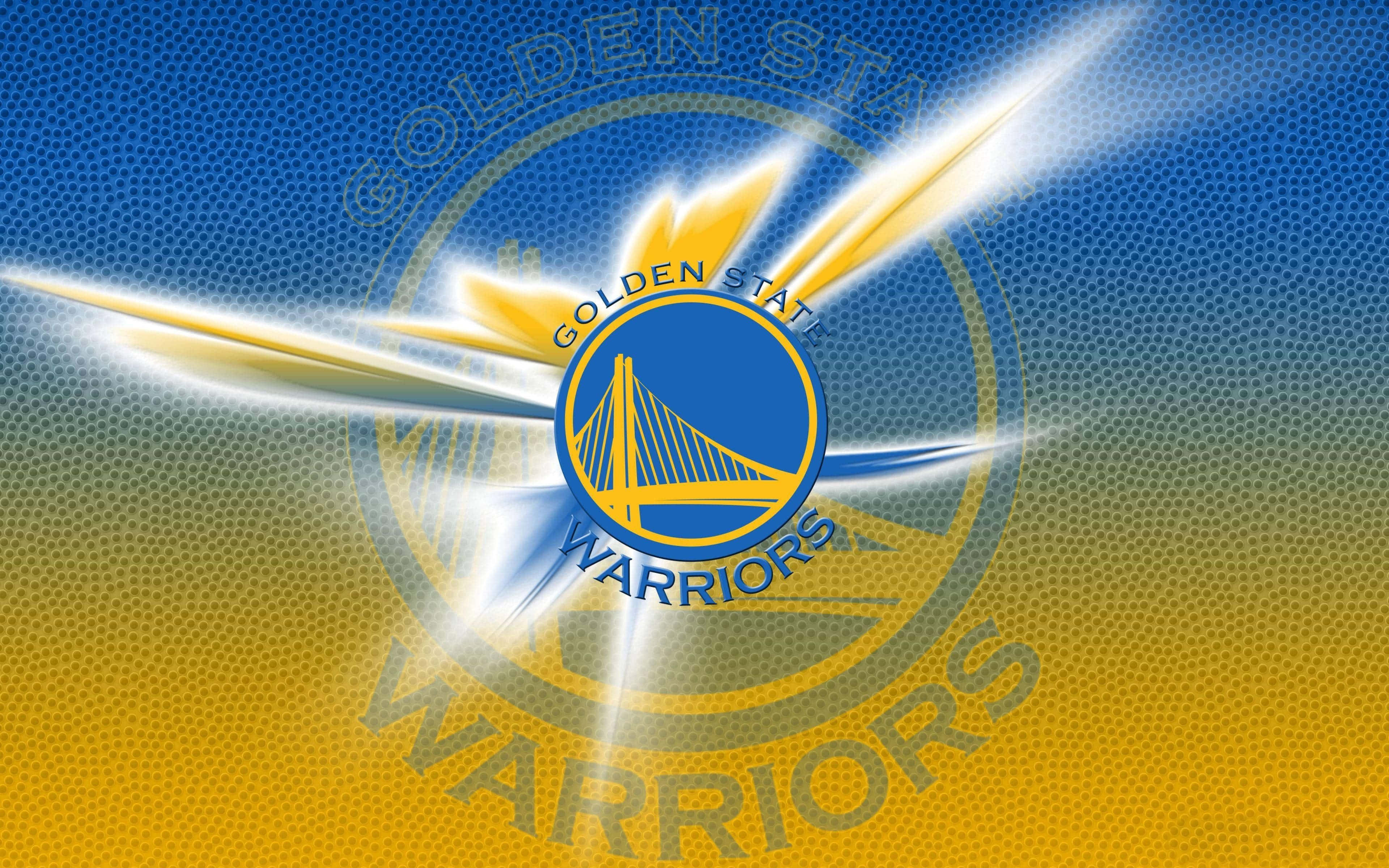 Golden State Warriors logo, yellow light beams, textured blue and gold gradient background, 4K Desktop Wallpaper