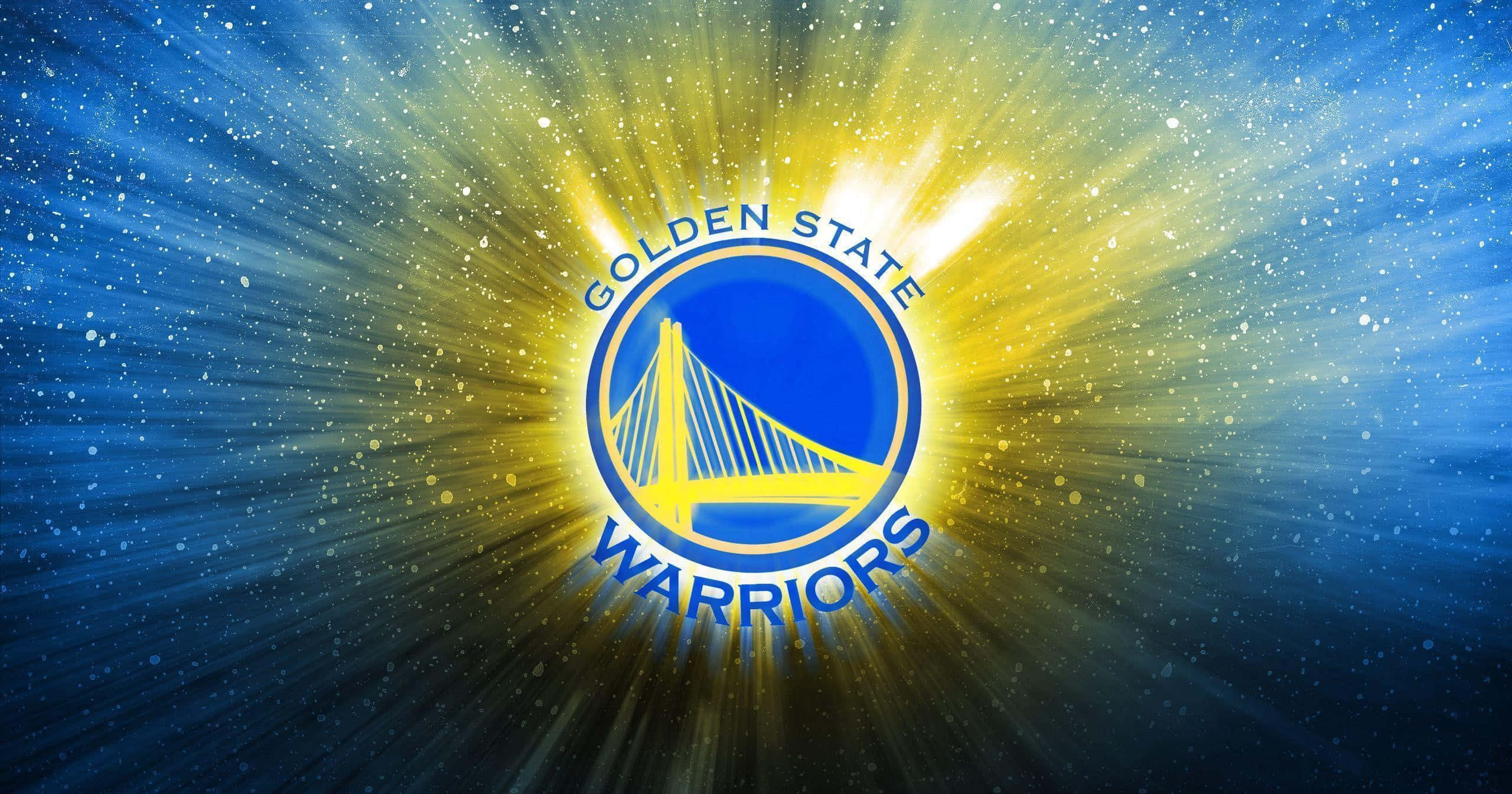 Golden State Warriors logo, golden light, starry blue cosmic background, 2K Desktop Wallpaper