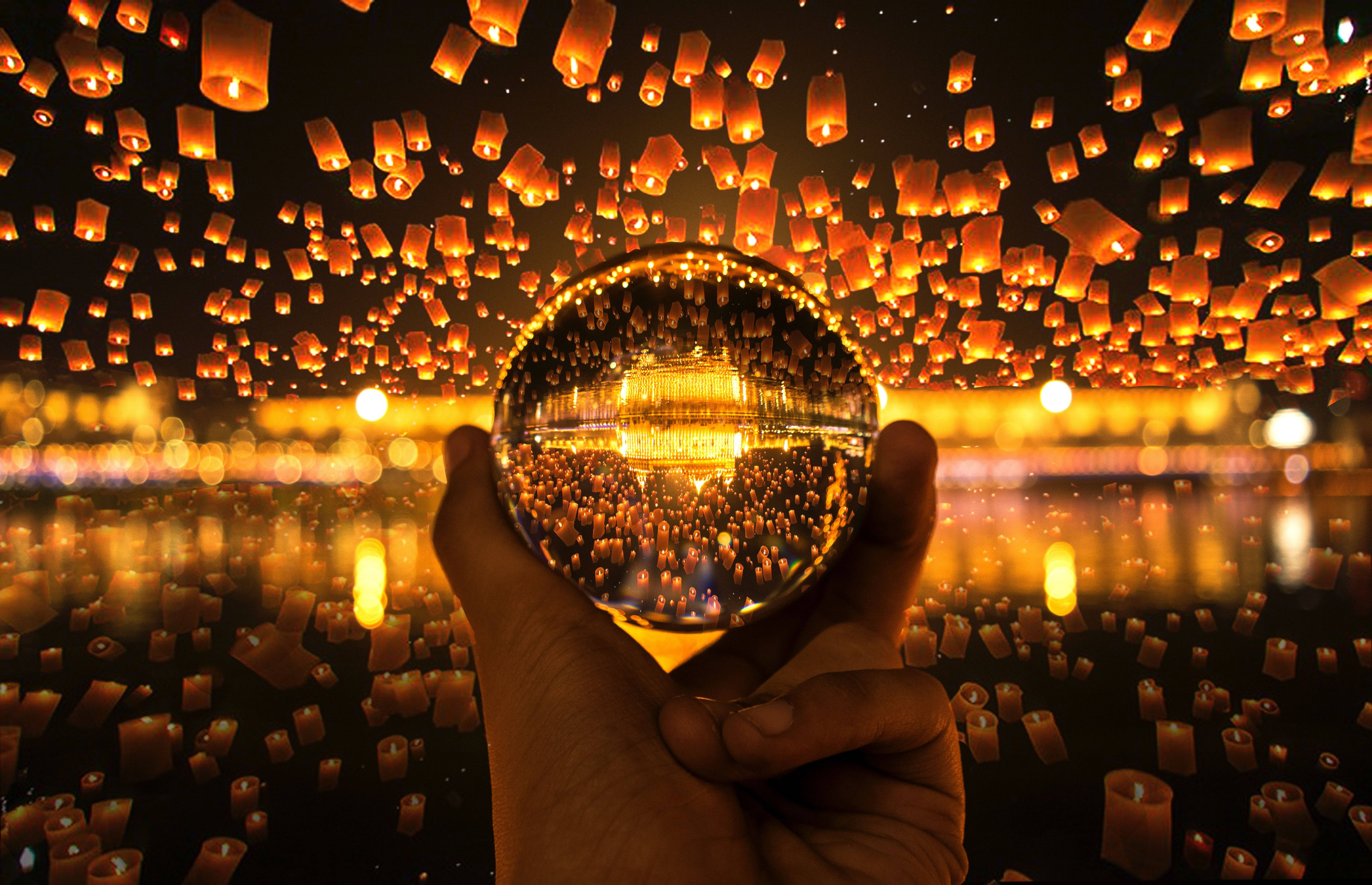 Golden Temple, paper lanterns, crystal ball, 5K Desktop Wallpaper