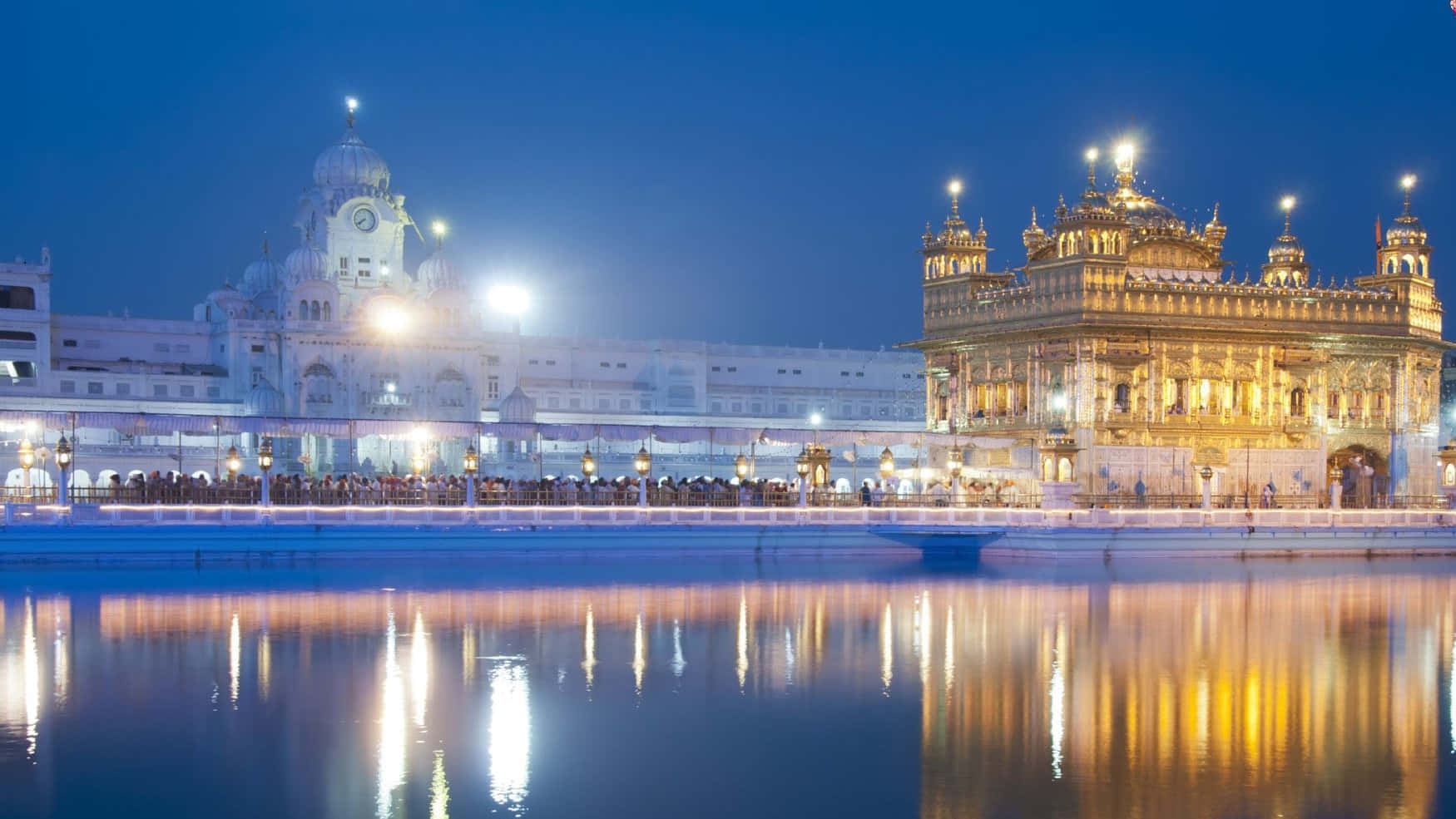 Golden Temple, night, glowing lights, HD Desktop Wallpaper