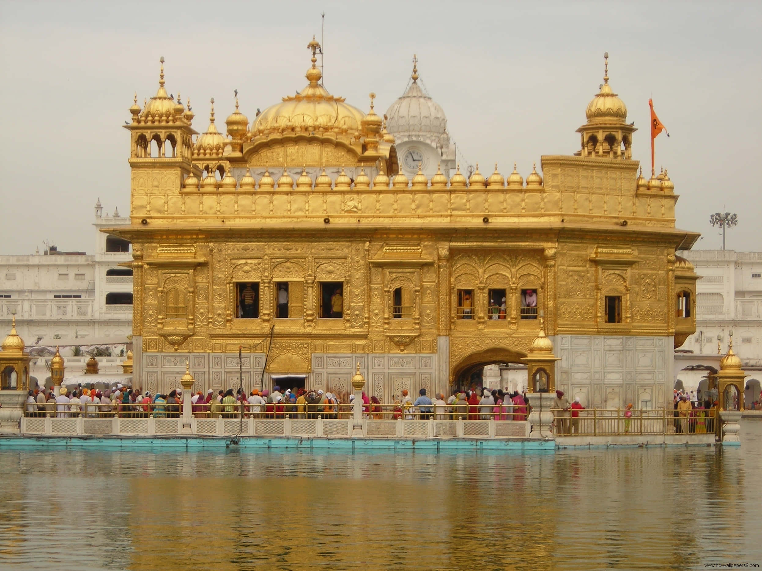 Golden Temple, pilgrims, overcast sky, Full HD Desktop Wallpaper