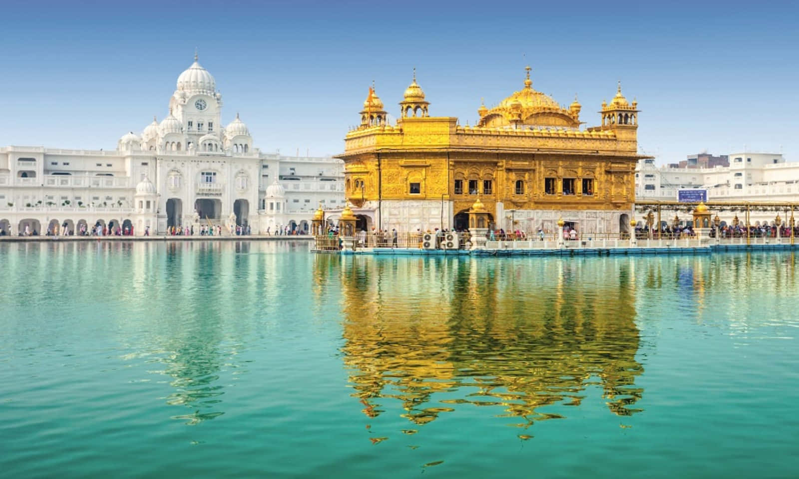 Golden Temple, turquoise pool, white marble buildings, HD Desktop Wallpaper