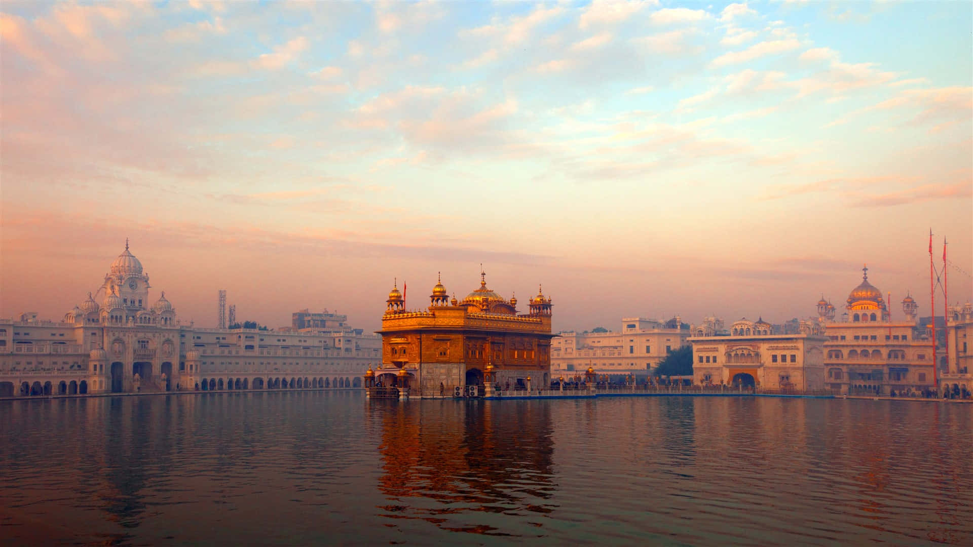 Golden Temple, foggy day, warm sunset glow, Full HD Desktop Wallpaper