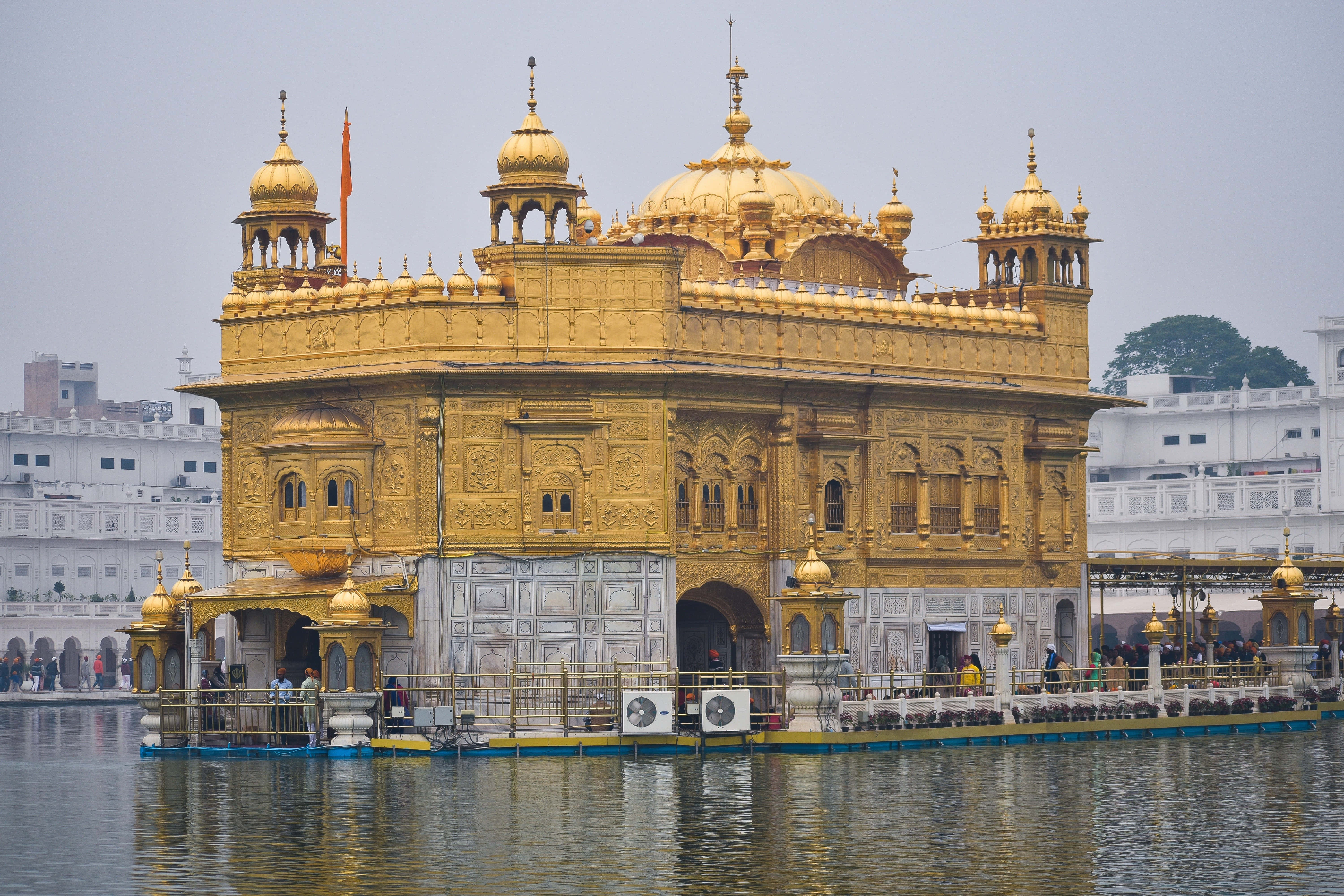 Golden Temple, overcast sky, calm waters, 5K Desktop Wallpaper