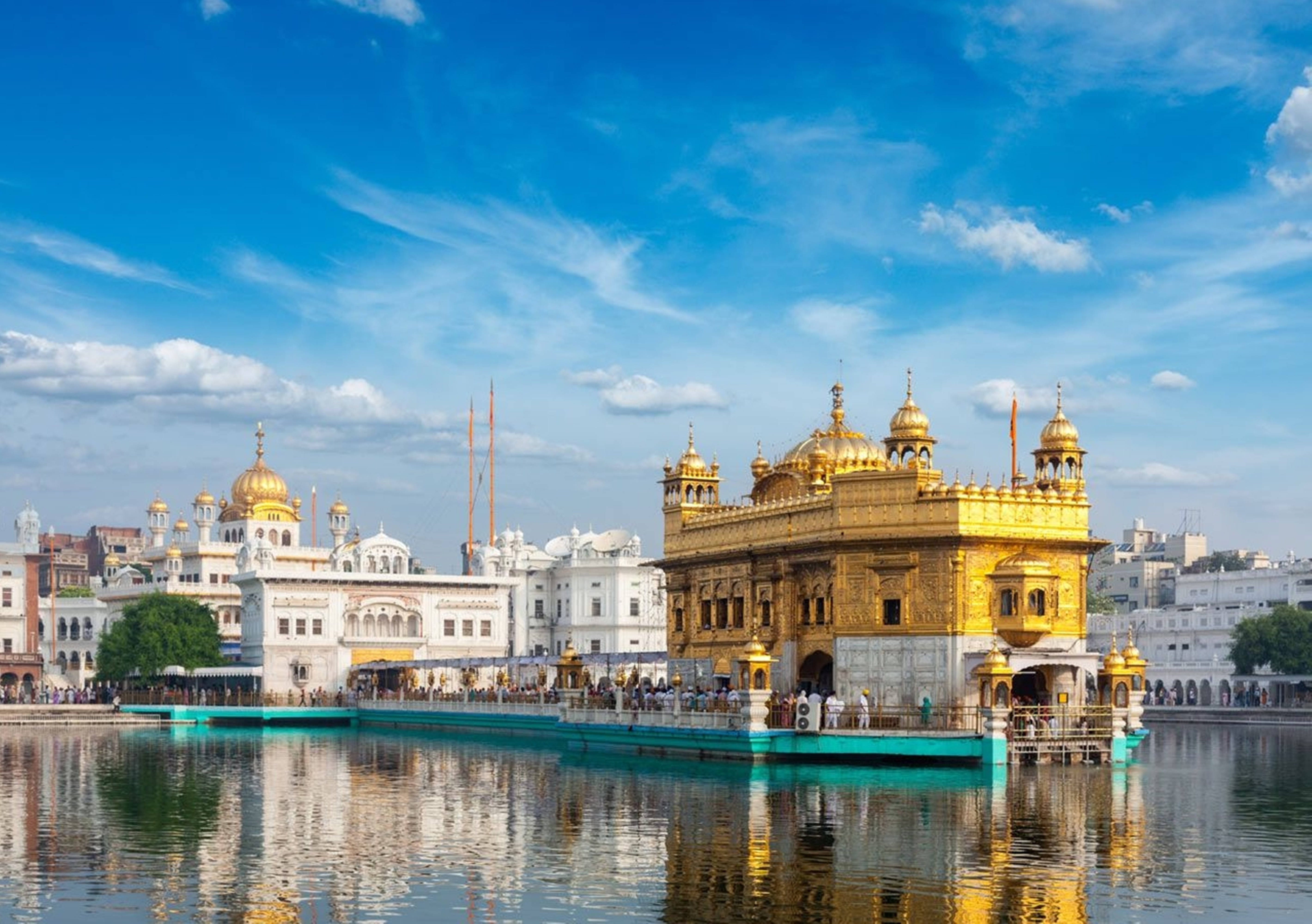 Golden Temple, bright blue sky, calm sacred pool, 5K Desktop Wallpaper