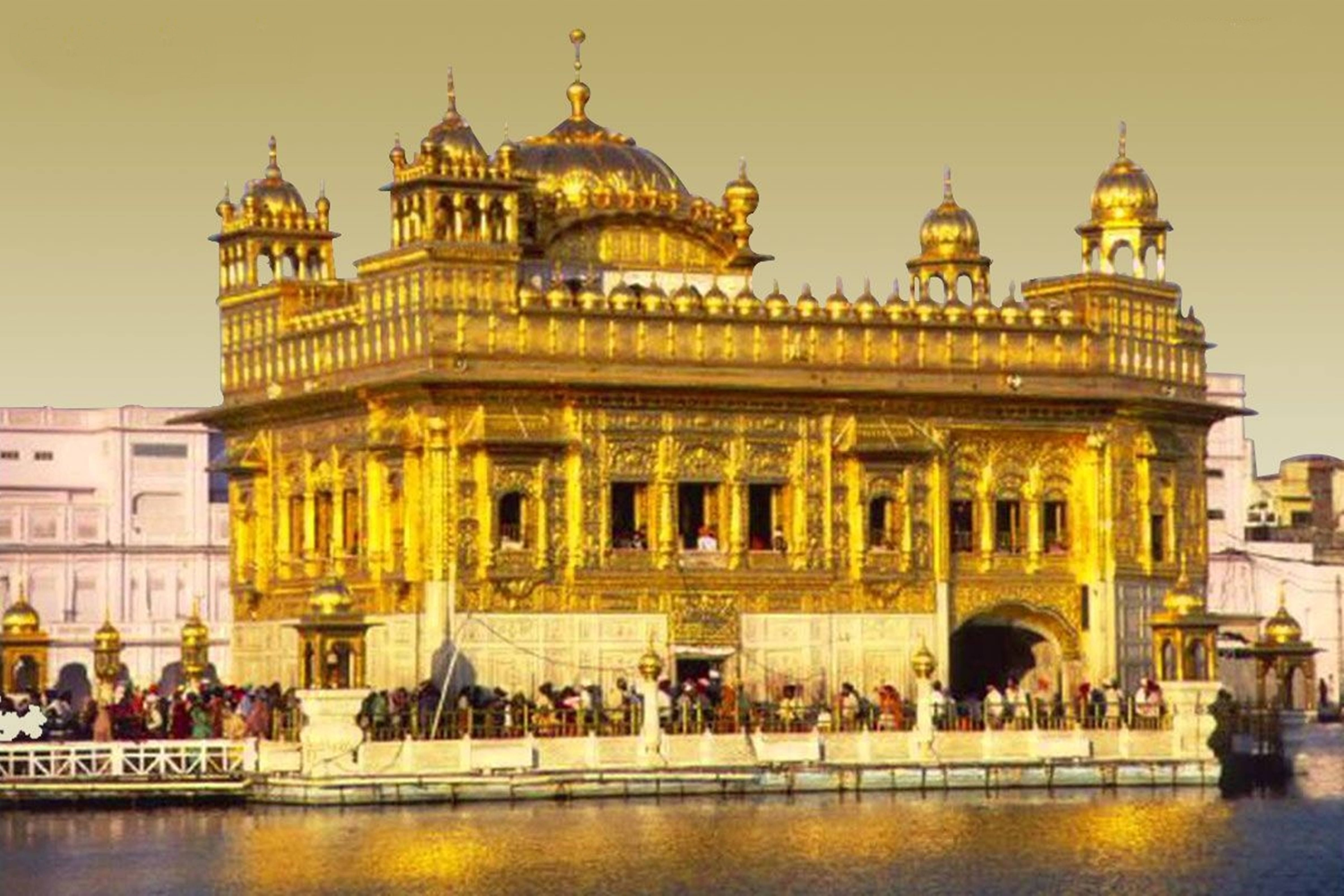 Golden Temple, warm sunset light, calm waters, 5K Desktop Wallpaper