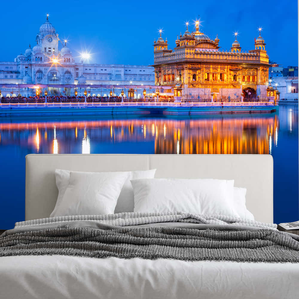 Golden Temple, white pillows, gray blanket, SD Desktop Wallpaper
