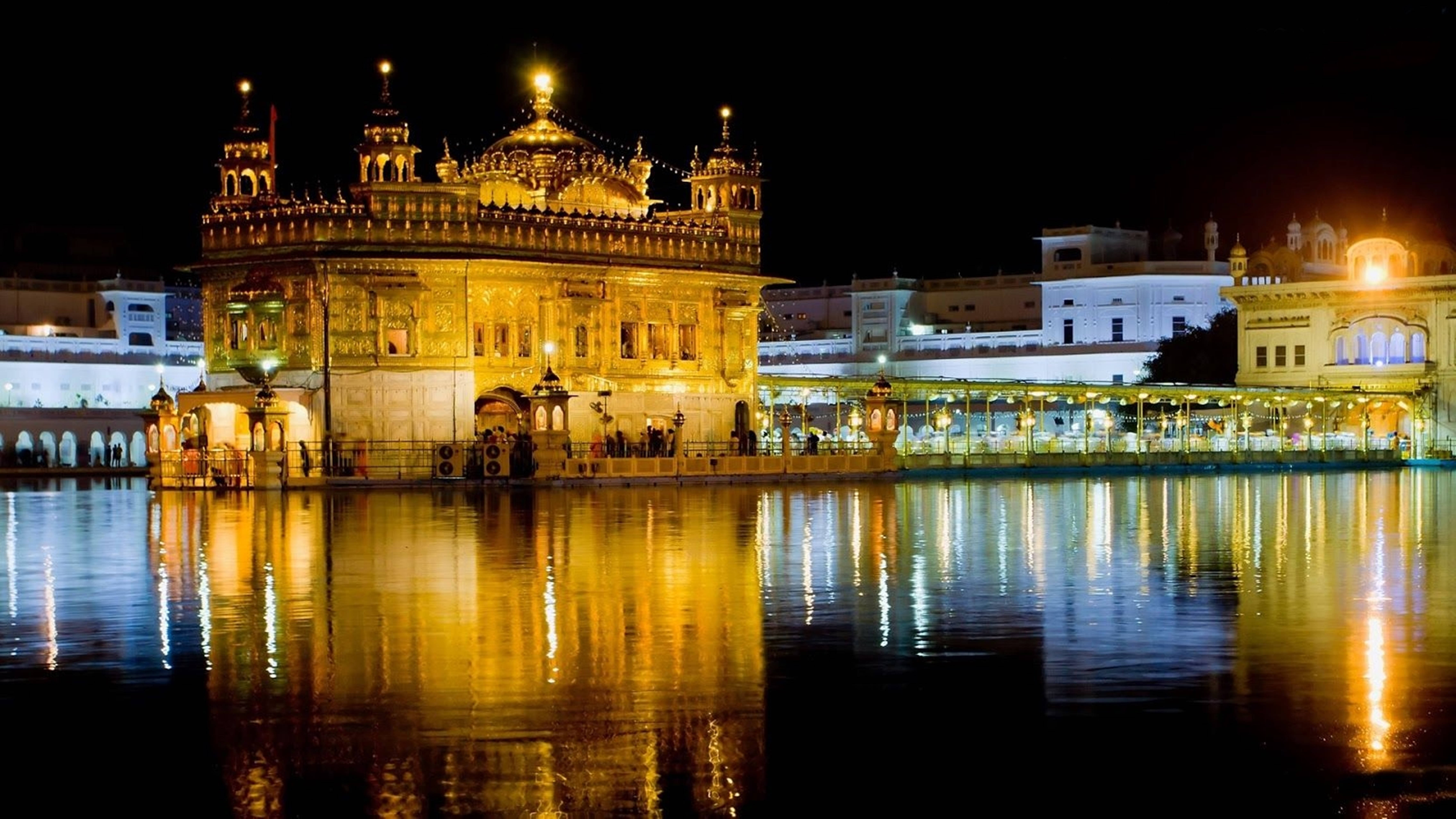Golden Temple, blue lights, yellow lights, 5K Desktop Wallpaper