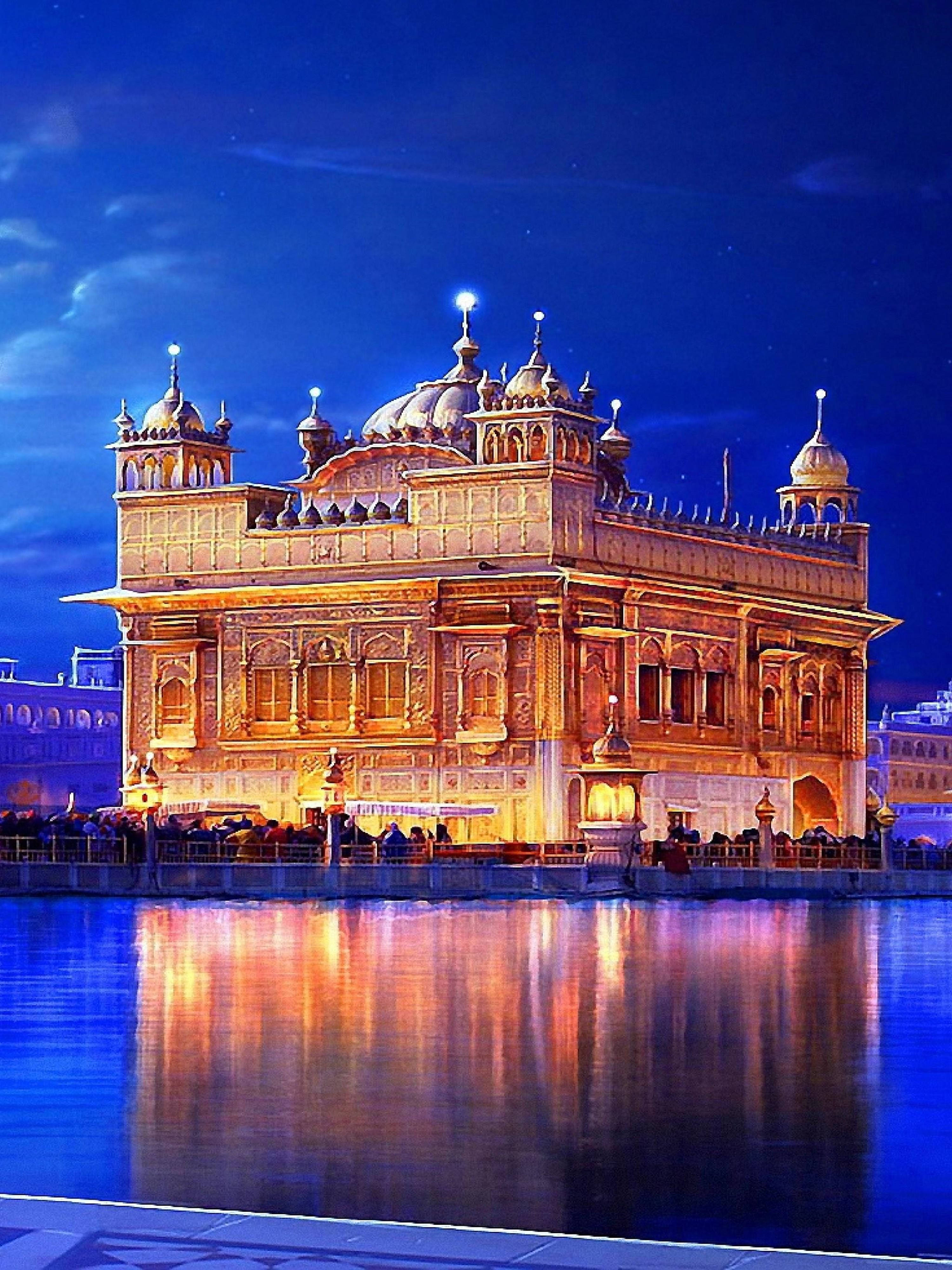 Golden Temple, night, warm lights, 4K Phone Wallpaper