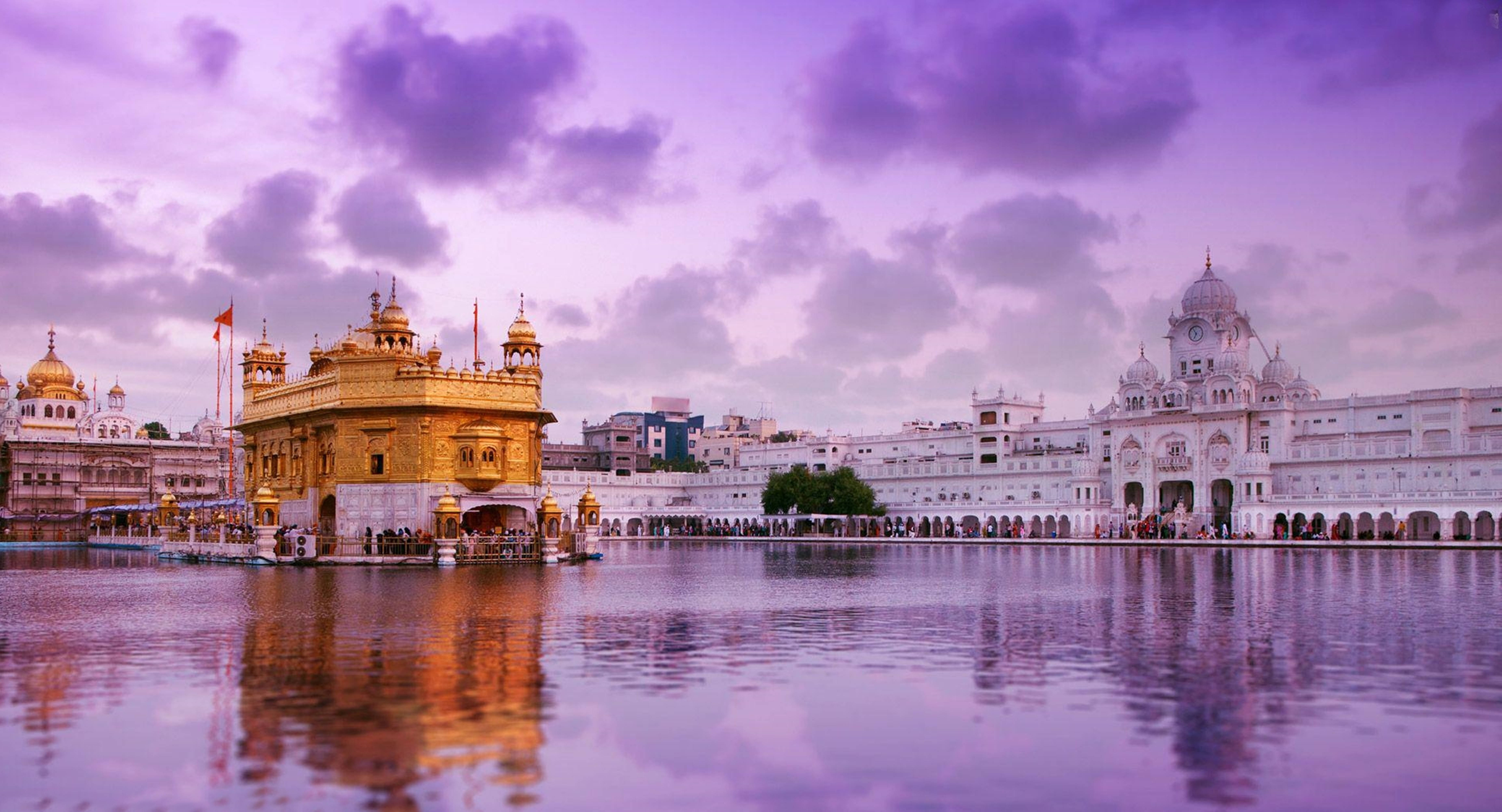 Golden Temple, calm waters, dreamy purple twilight sky, 5K Desktop Wallpaper