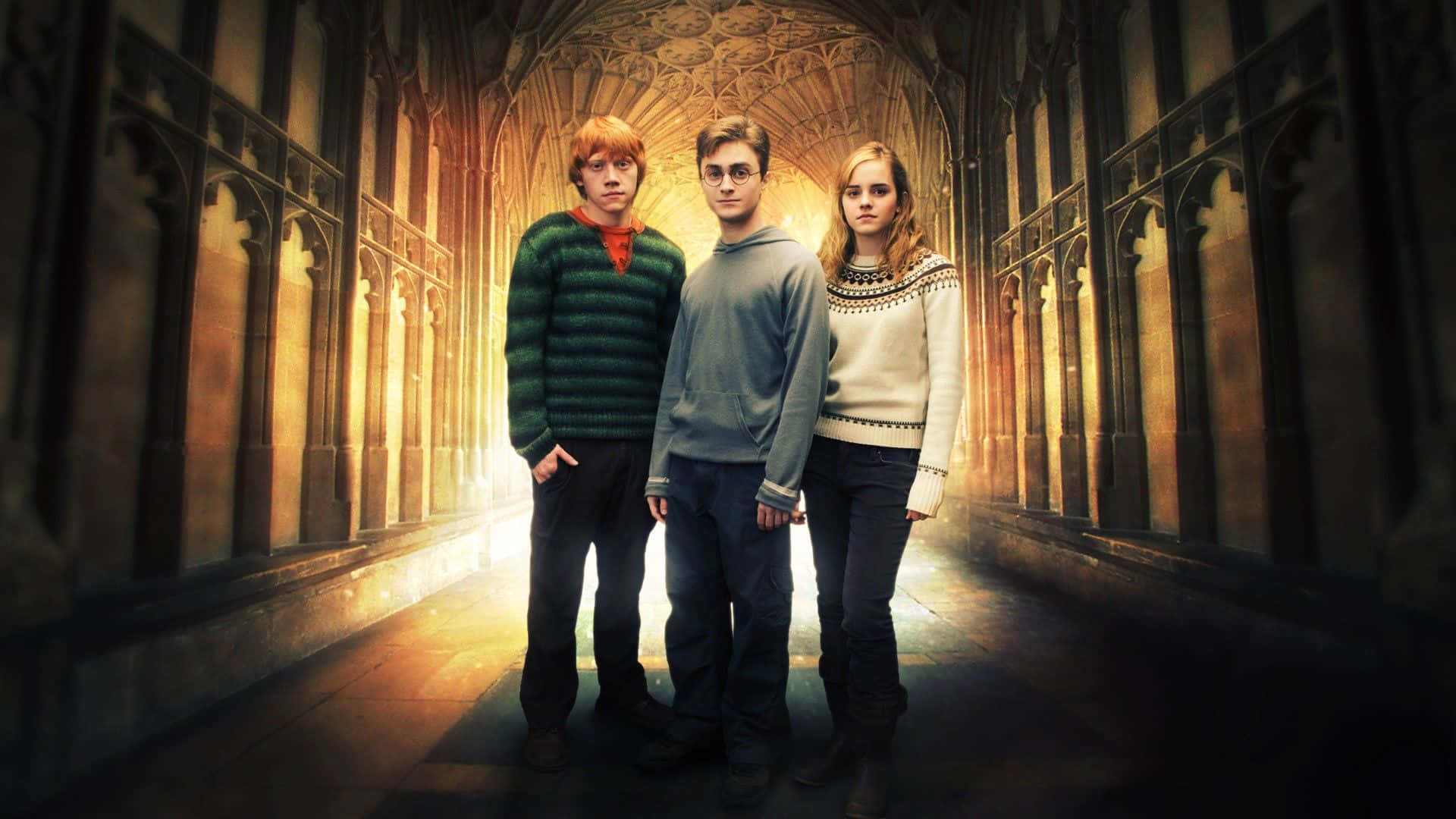 Golden Trio, gothic corridor, warm golden light, Full HD Desktop Wallpaper