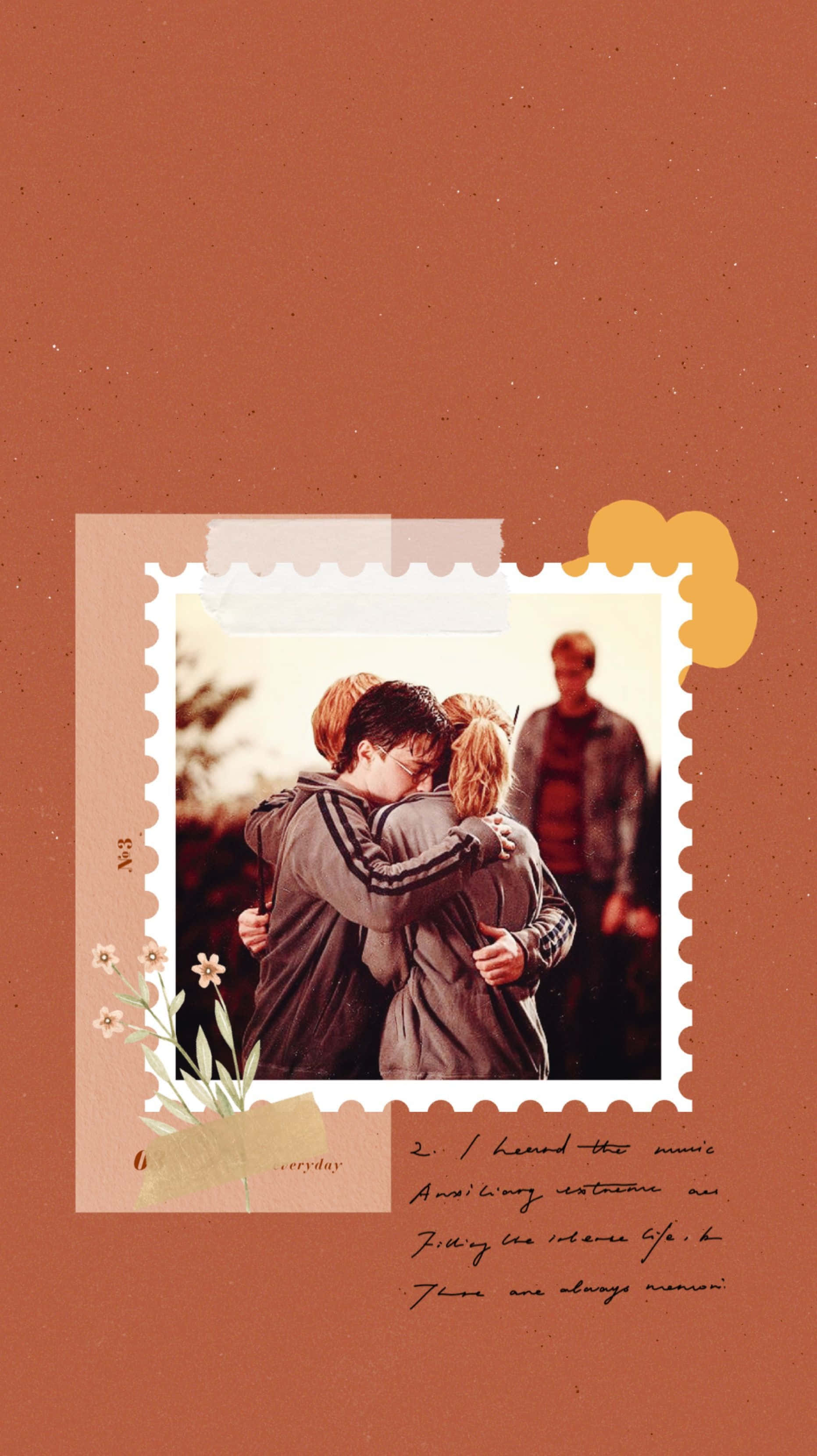 Golden Trio, vintage postage stamp frame, textured terracotta background, 2K Phone Wallpaper