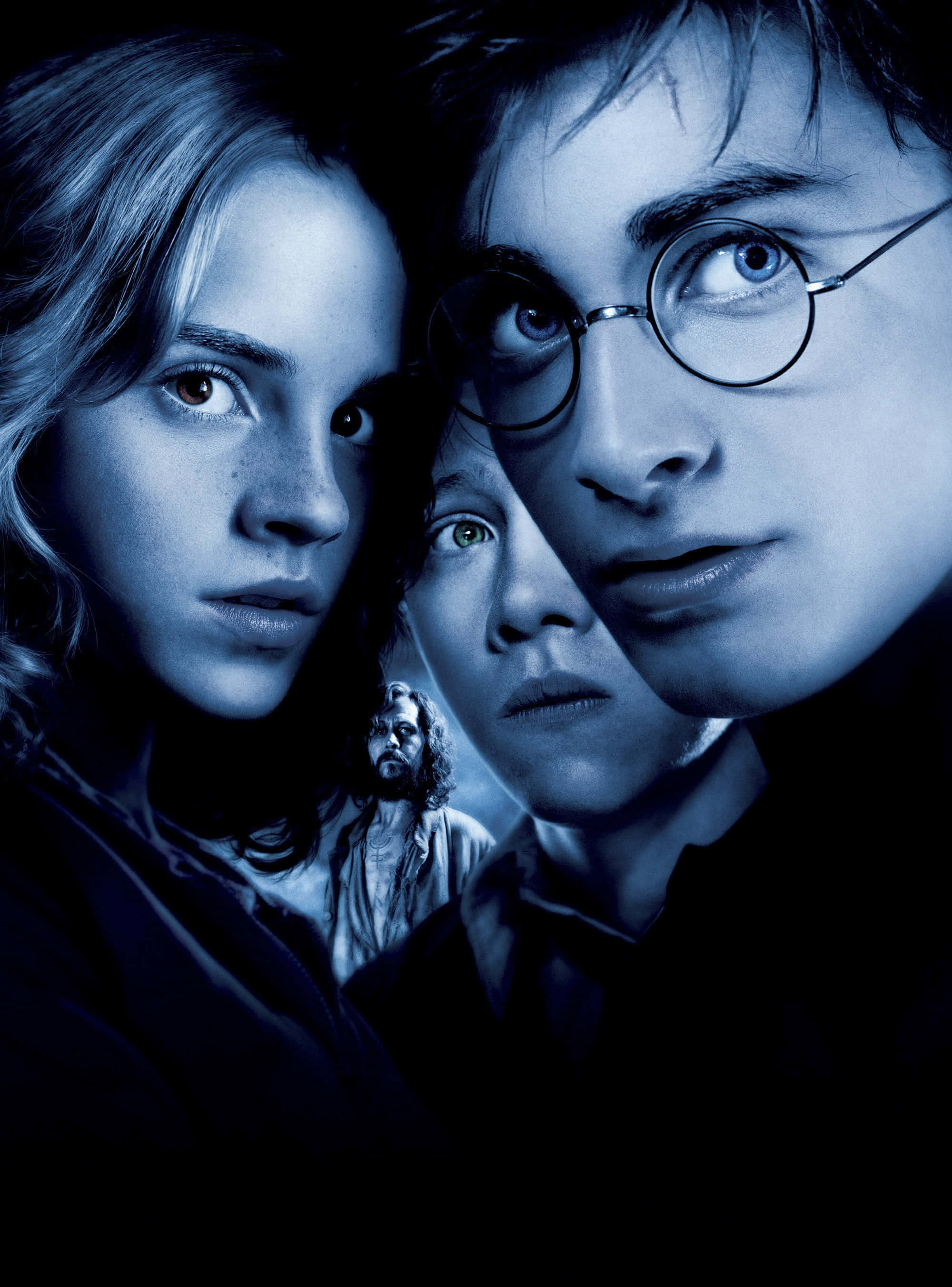Golden Trio, blue lighting, dark background, 2K Phone Wallpaper