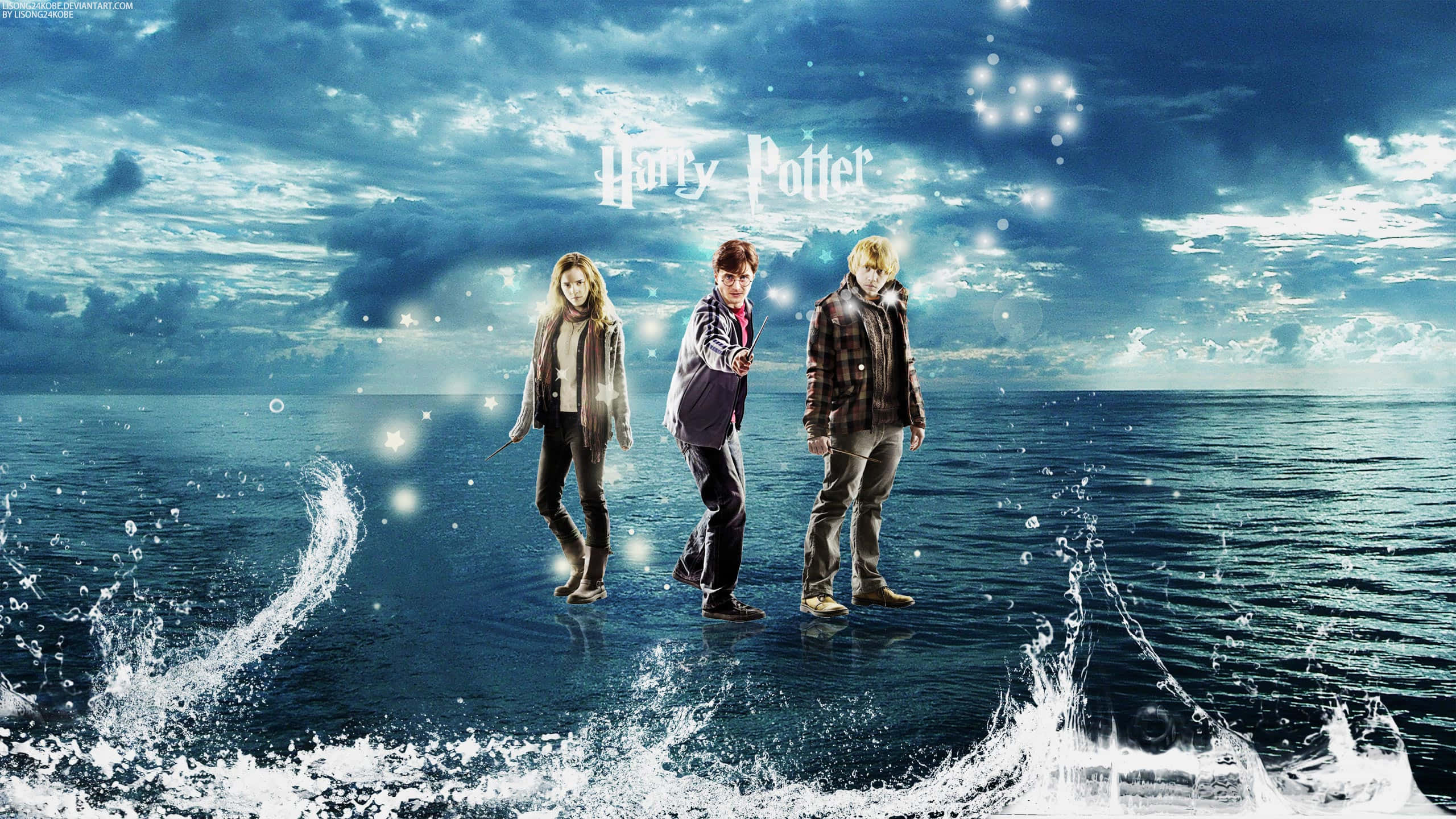 Golden Trio, wizards, water, 2K Desktop Wallpaper